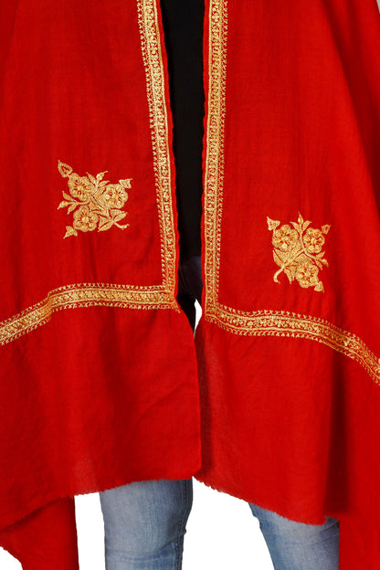 Gold Tilla Hand Embroidered Indian Purewool Stole, Kashmiri Handmade Red Scarf - BATIN