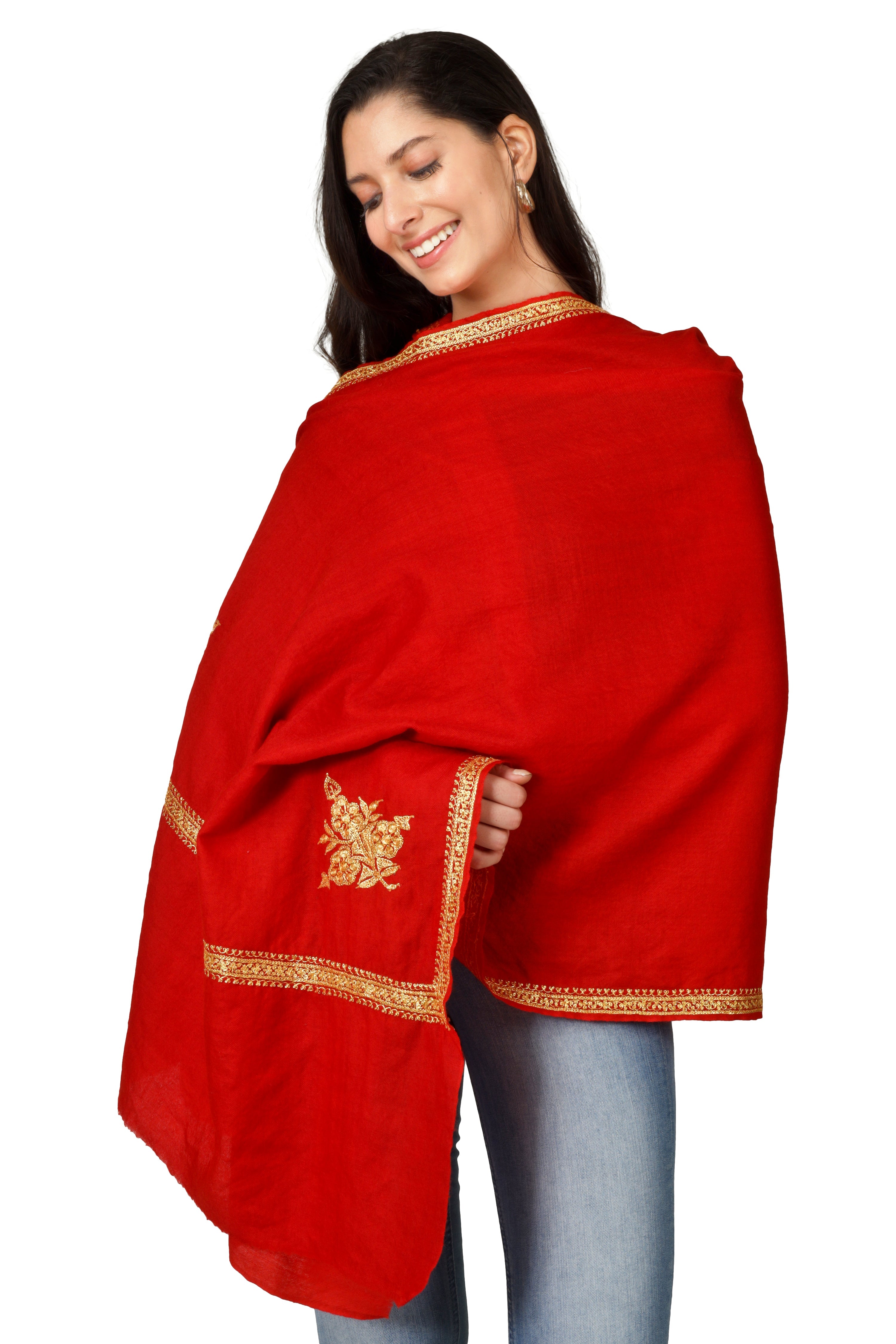 Gold Tilla Hand Embroidered Indian Purewool Stole, Kashmiri Handmade Red Scarf - BATIN