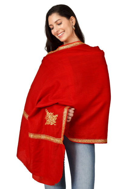 Gold Tilla Hand Embroidered Indian Purewool Stole, Kashmiri Handmade Red Scarf - BATIN