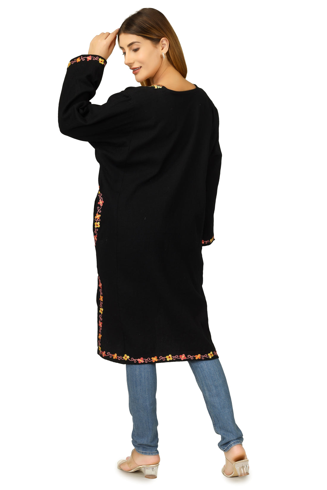 Kashmiri Pheran, Hand Work Aari Embroidered Pure Merino Wool Pheran, Chain Stitch Women Kurtis, Ethnic Indian Tunics Black