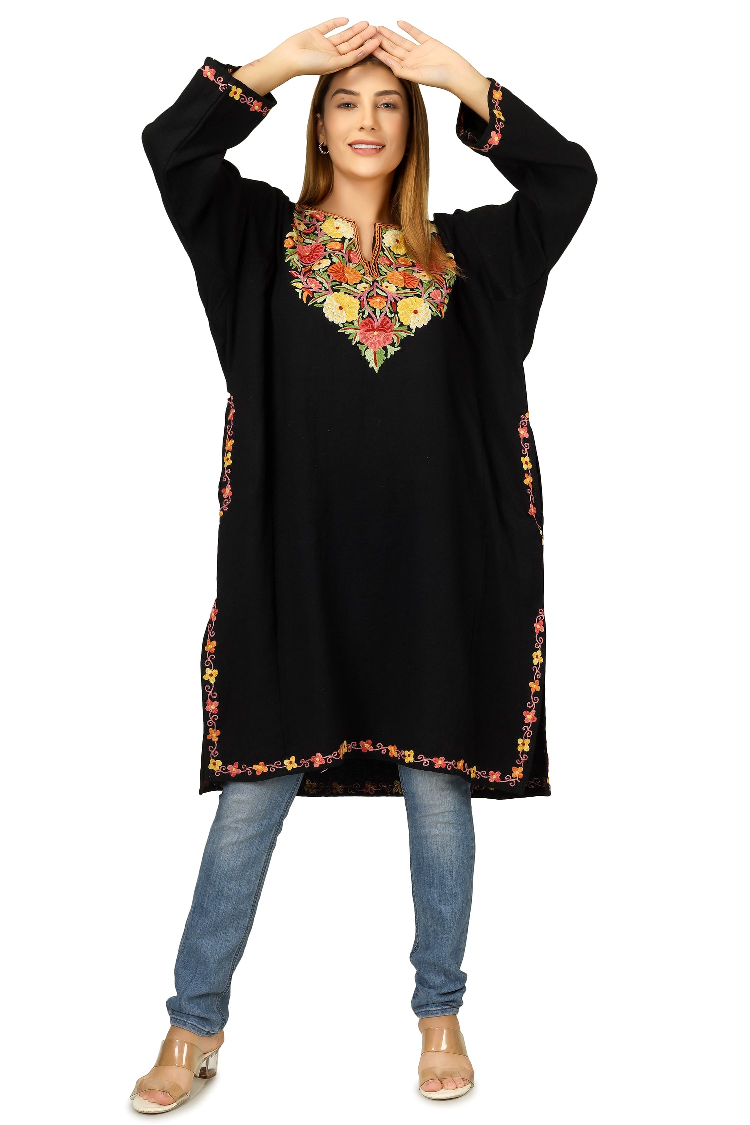 Kashmiri Pheran, Hand Work Aari Embroidered Pure Merino Wool Pheran, Chain Stitch Women Kurtis, Ethnic Indian Tunics Black