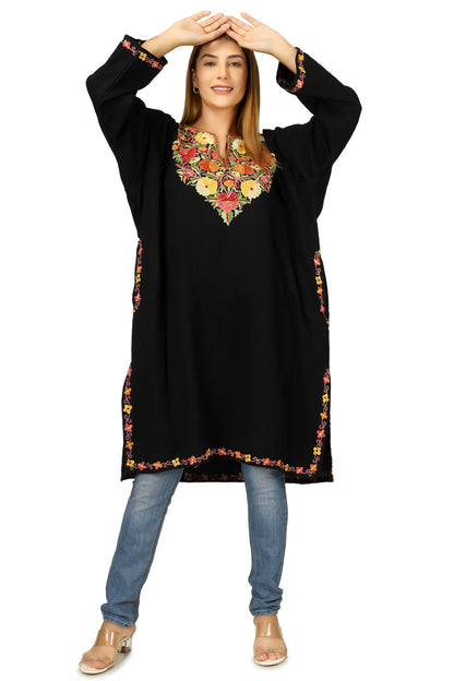 Kashmiri Pheran, Hand Work Aari Embroidered Pure Merino Wool Pheran, Chain Stitch Women Kurtis, Ethnic Indian Tunics Black