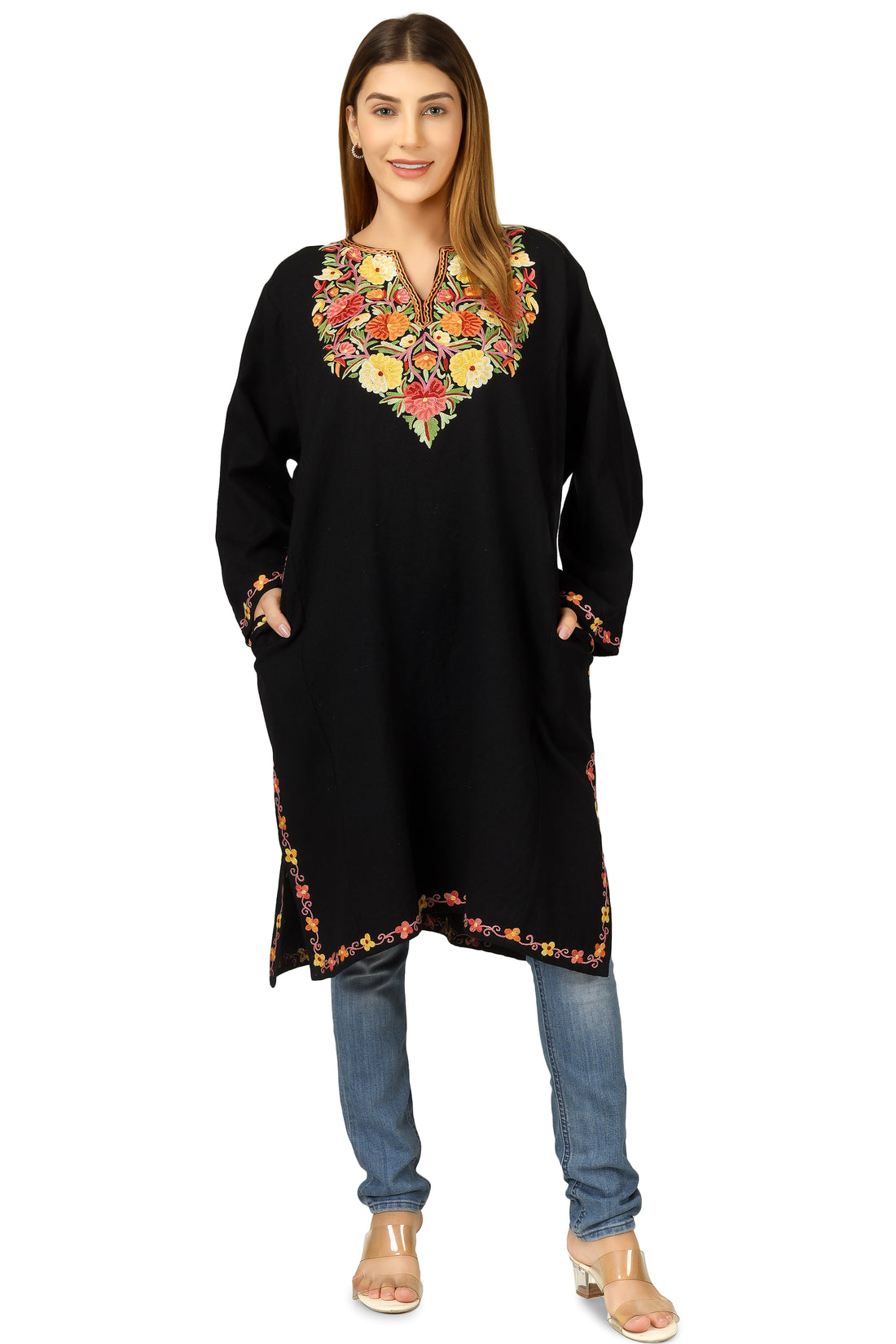 Kashmiri Pheran, Hand Work Aari Embroidered Pure Merino Wool Pheran, Chain Stitch Women Kurtis, Ethnic Indian Tunics Black