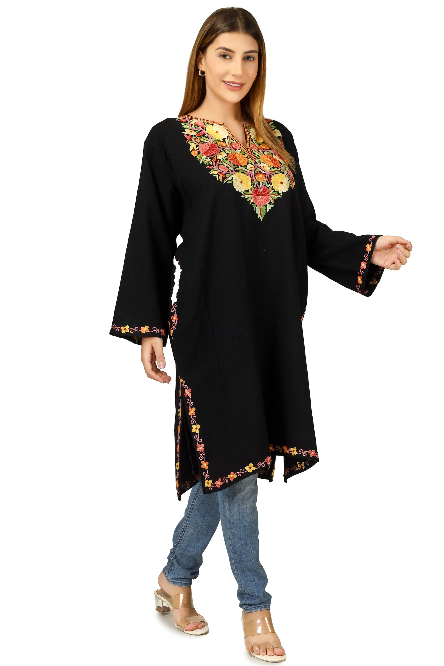 Kashmiri Pheran, Hand Work Aari Embroidered Pure Merino Wool Pheran, Chain Stitch Women Kurtis, Ethnic Indian Tunics Black