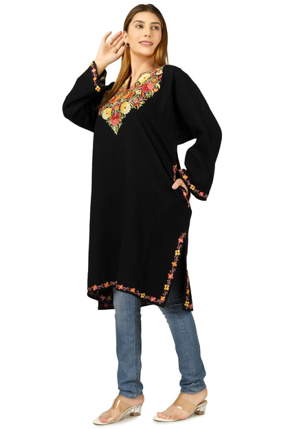 Kashmiri Pheran, Hand Work Aari Embroidered Pure Merino Wool Pheran, Chain Stitch Women Kurtis, Ethnic Indian Tunics Black