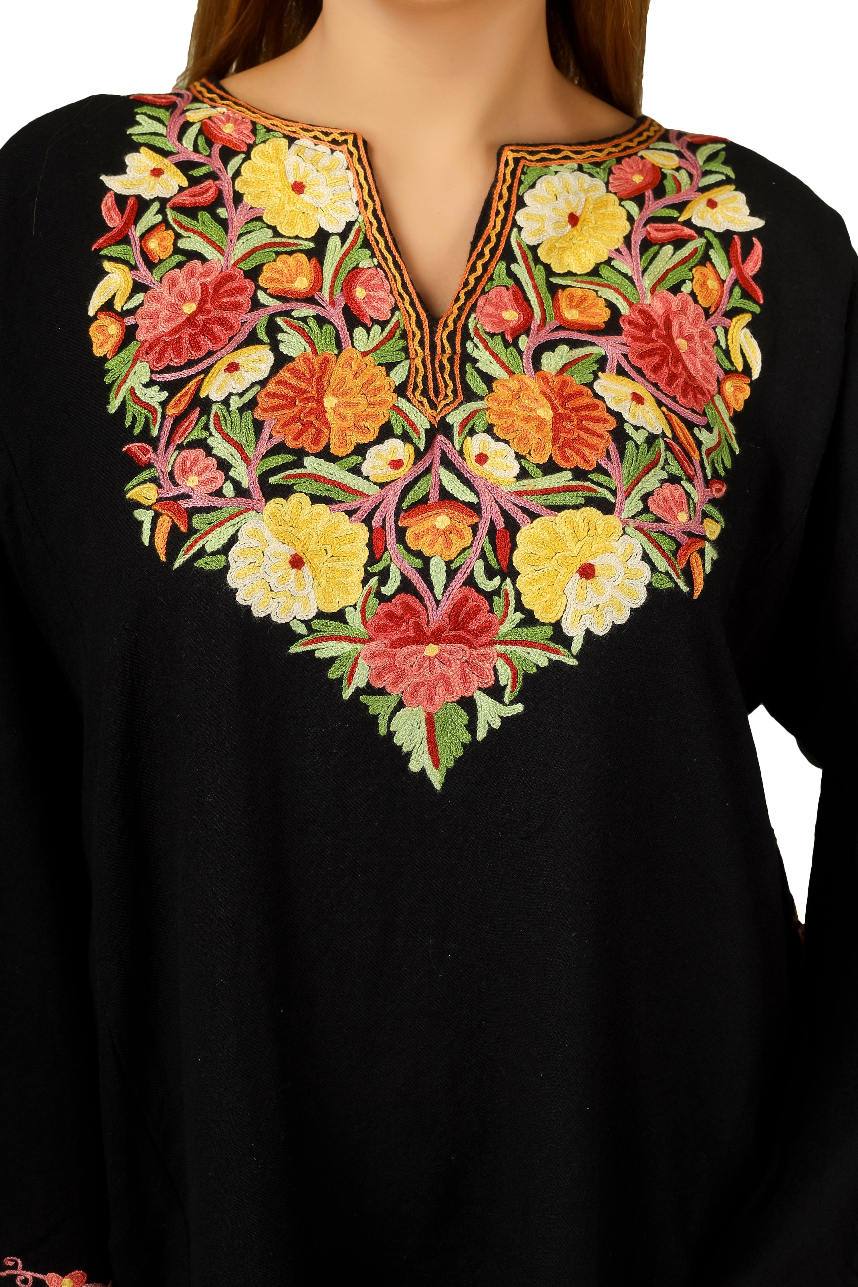 Kashmiri Pheran, Hand Work Aari Embroidered Pure Merino Wool Pheran, Chain Stitch Women Kurtis, Ethnic Indian Tunics Black