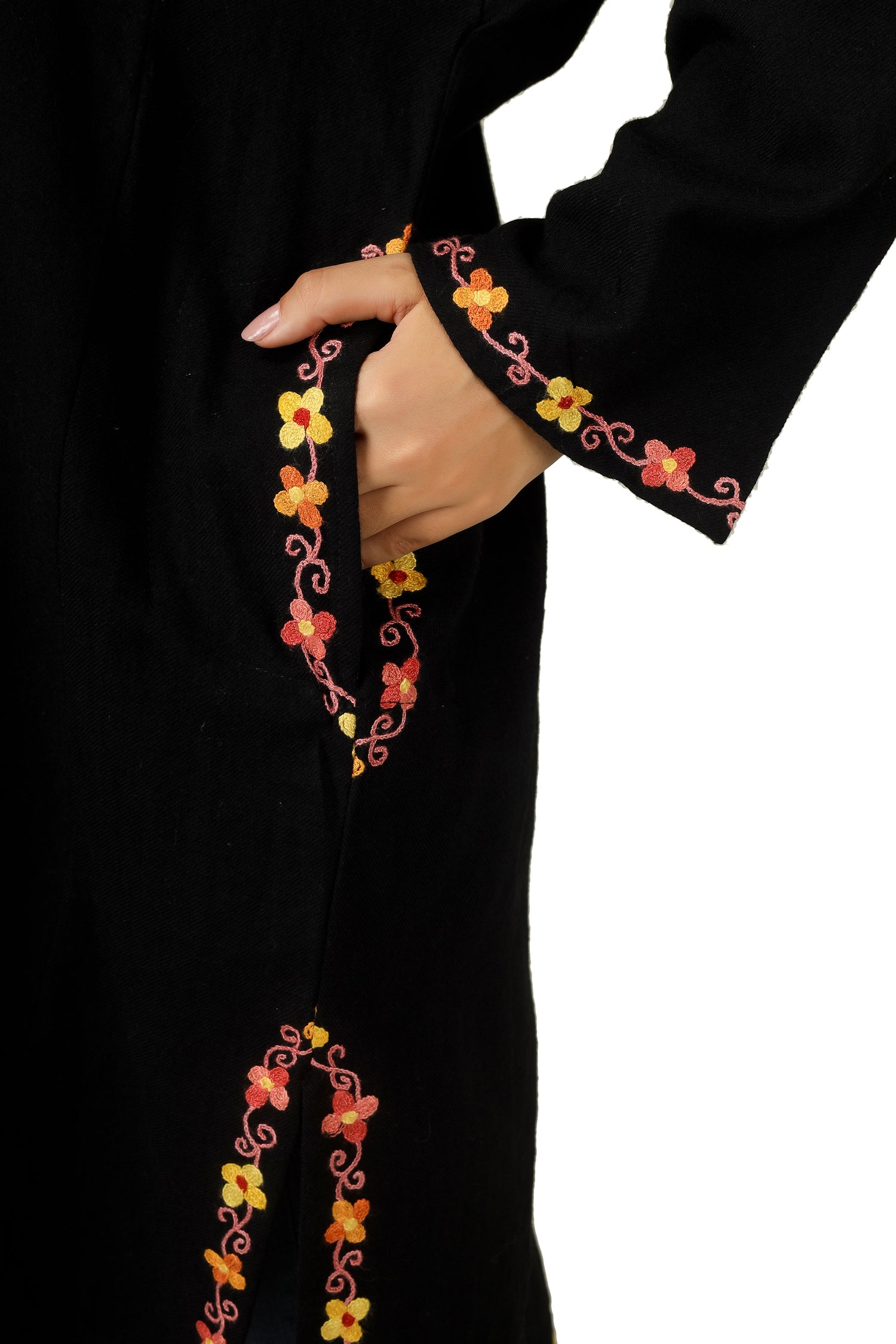 Kashmiri Pheran, Hand Work Aari Embroidered Pure Merino Wool Pheran, Chain Stitch Women Kurtis, Ethnic Indian Tunics Black