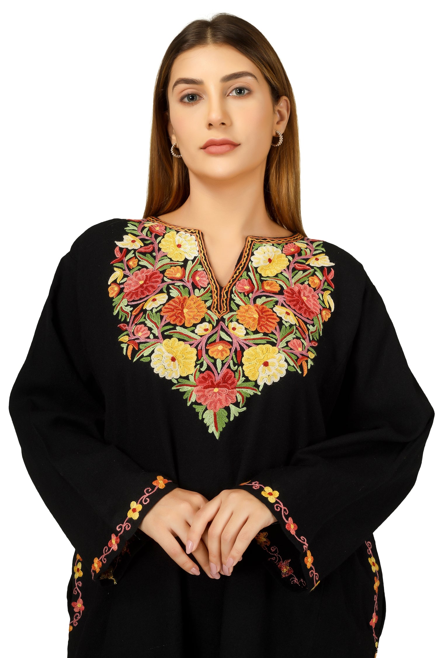 Kashmiri Pheran, Hand Work Aari Embroidered Pure Merino Wool Pheran, Chain Stitch Women Kurtis, Ethnic Indian Tunics Black