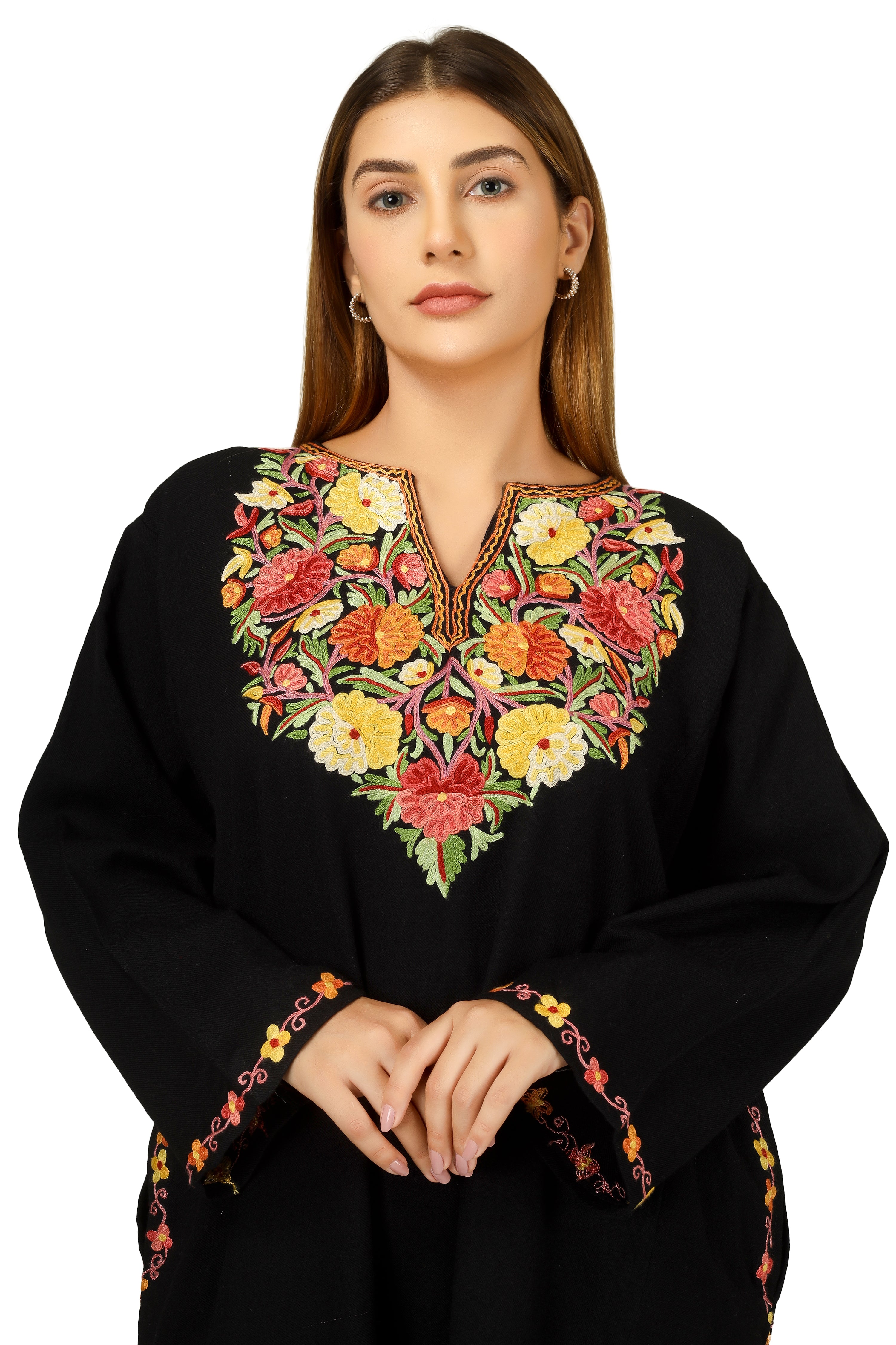 Kashmiri Pheran, Hand Work Aari Embroidered Pure Merino Wool Pheran, Chain Stitch Women Kurtis, Ethnic Indian Tunics Black