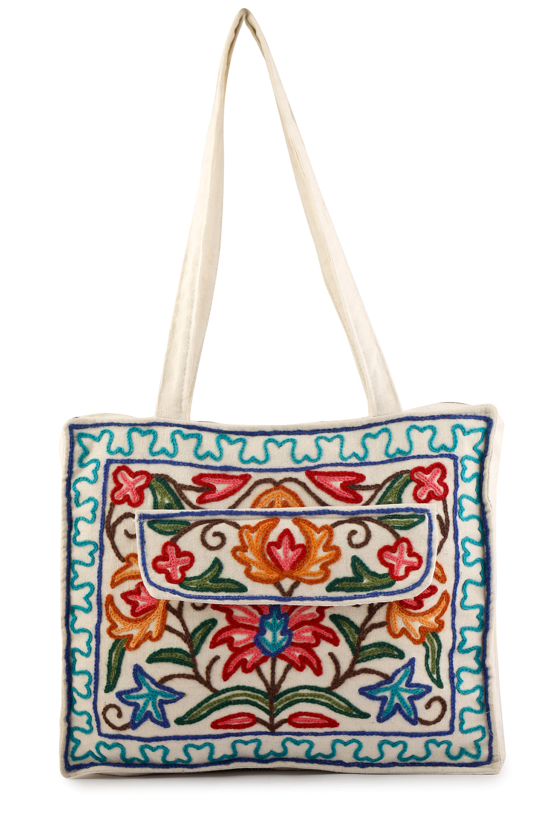 Kashmiri Hand Embroidered Pure Cotton Tote Handbag For Women, Boho Ethnic Shoulder Bag Floral Aari Embroidered Bag, Hobo Crossbody Purse