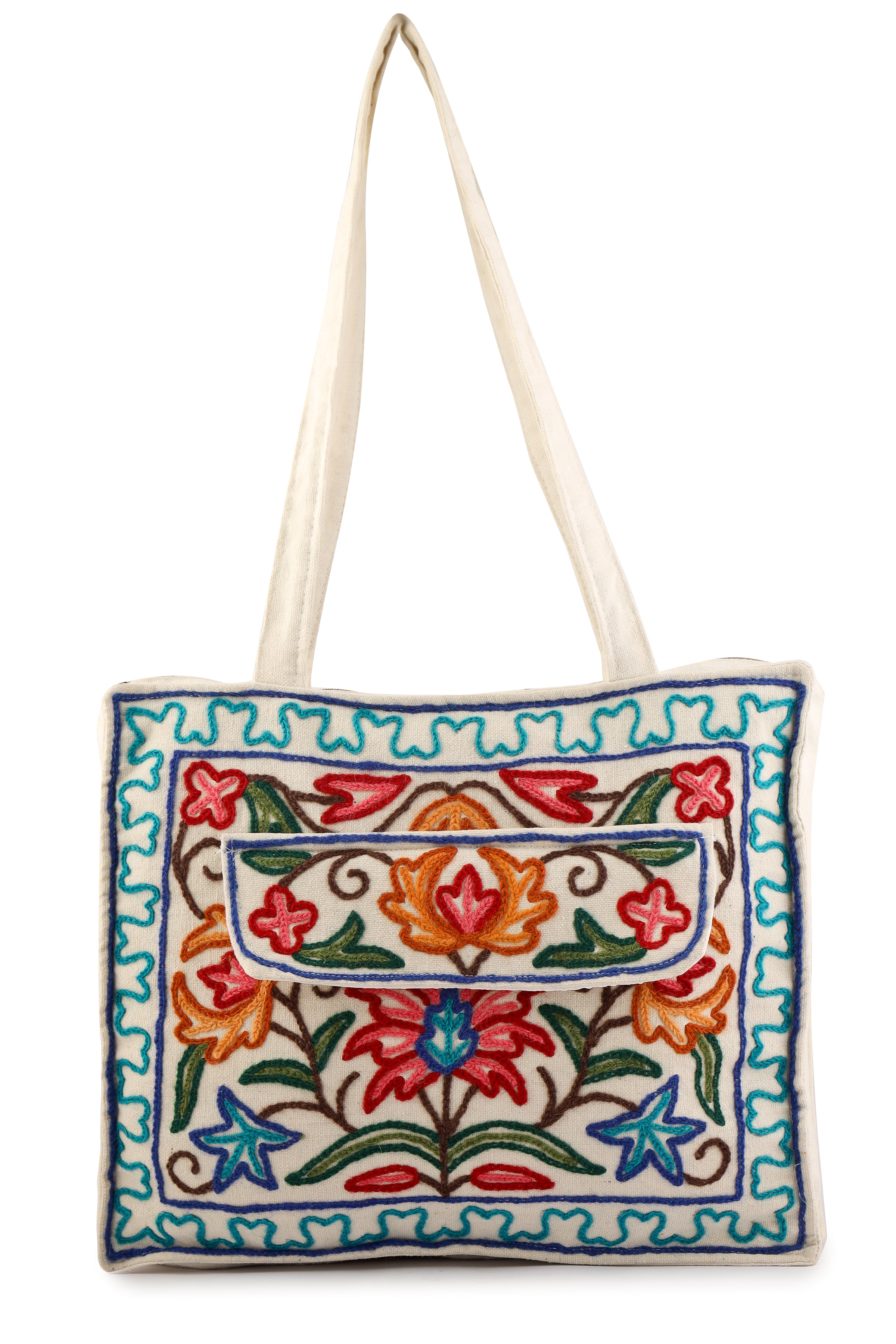 Kashmiri Hand Embroidered Pure Cotton Tote Handbag For Women, Boho Ethnic Shoulder Bag Floral Aari Embroidered Bag, Hobo Crossbody Purse