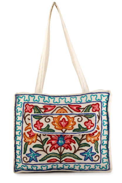 Kashmiri Hand Embroidered Pure Cotton Tote Handbag For Women, Boho Ethnic Shoulder Bag Floral Aari Embroidered Bag, Hobo Crossbody Purse