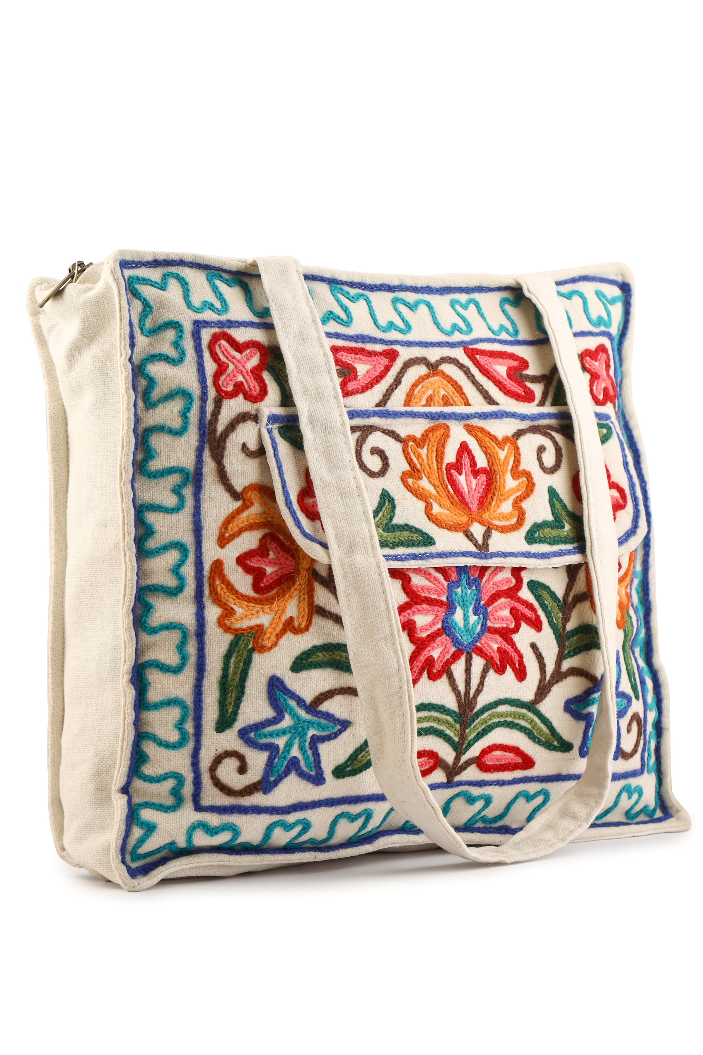 Kashmiri Hand Embroidered Pure Cotton Tote Handbag For Women, Boho Ethnic Shoulder Bag Floral Aari Embroidered Bag, Hobo Crossbody Purse