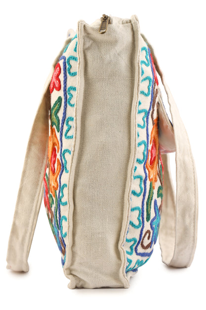 Kashmiri Hand Embroidered Pure Cotton Tote Handbag For Women, Boho Ethnic Shoulder Bag Floral Aari Embroidered Bag, Hobo Crossbody Purse
