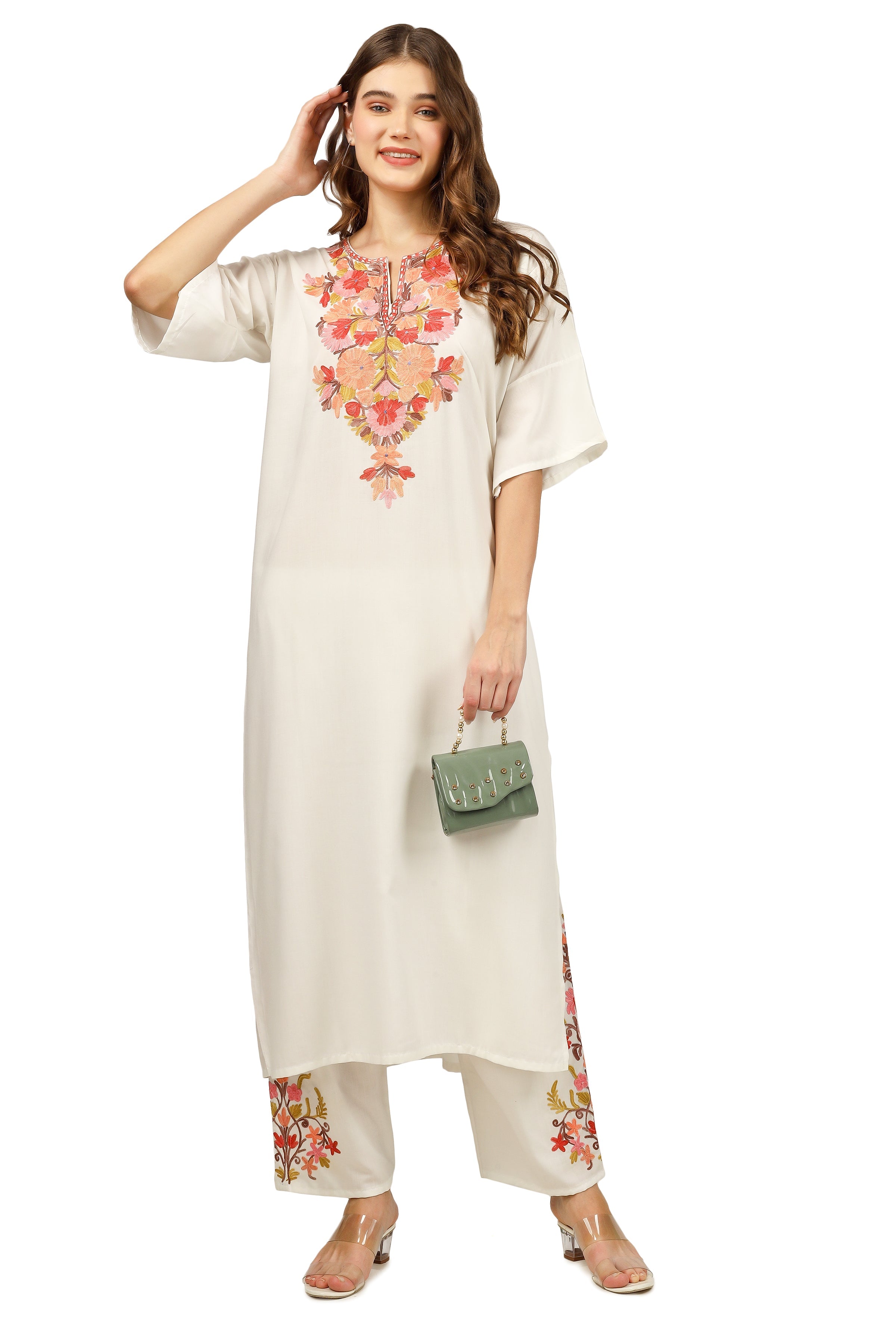 Kashmiri Aari Embroidered Cotton Kurti Pant Set BATIN