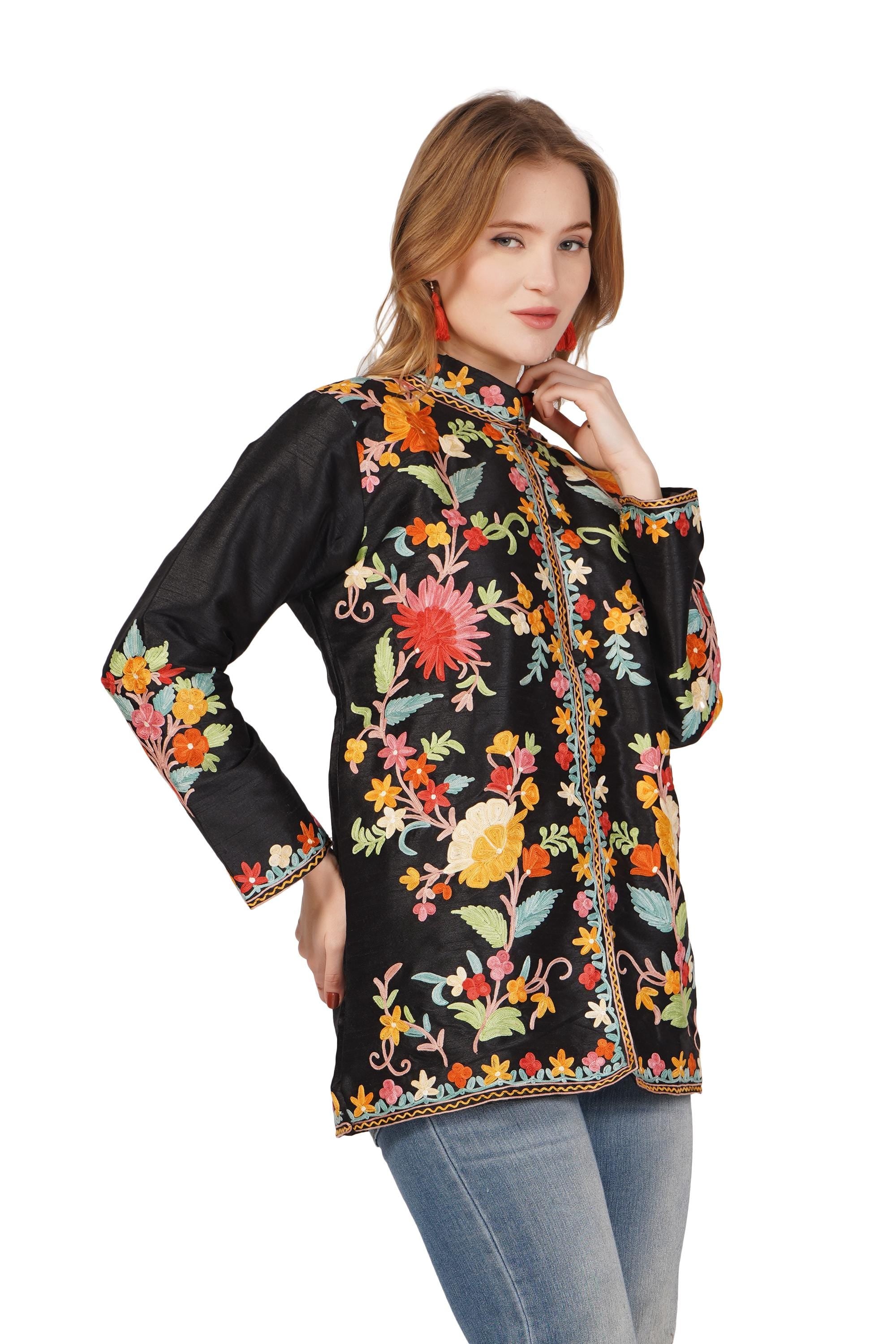Kashmiri Jacket With Aari Embroidery, Floral Jacket With Multicolour Embroidery, Boho Coat, Short Black Jacket