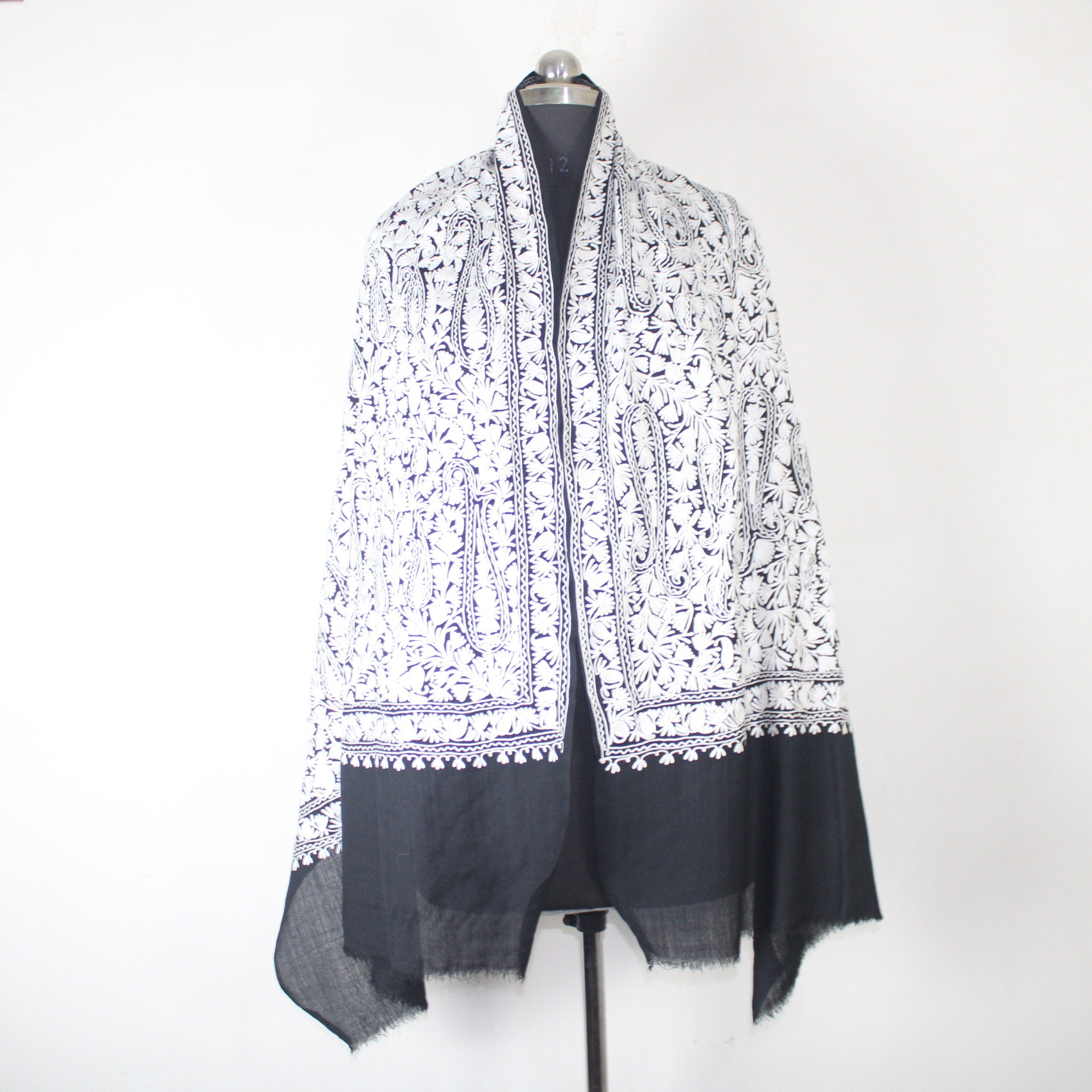 Kashmiri Stole, Fine Merino Wool Aari Embroidered Kashmiri Stole, Handmade Stole, Woolen Scarf, Embroidered Wraps, Black Scarf,