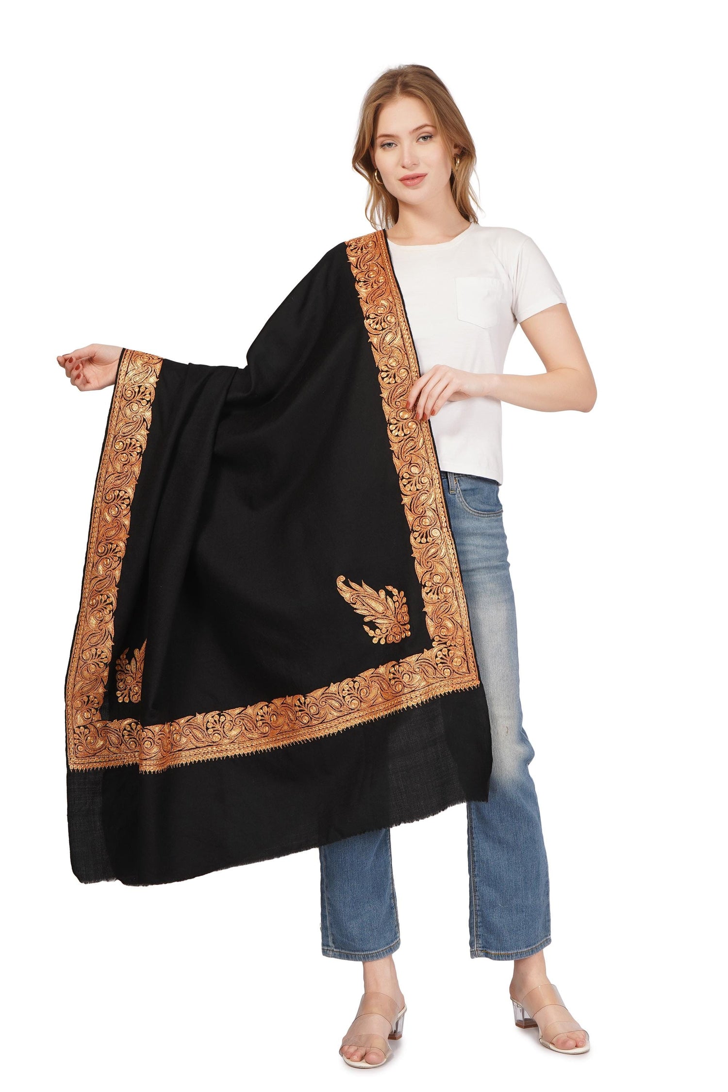 Kashmiri Tilla Shawl For Women,Pashmina Bridal Embroidered Shawl,Indian Wedding Shawl, Bridal Cover Up Wrap, Zari Embroidered Cashmere Shawl