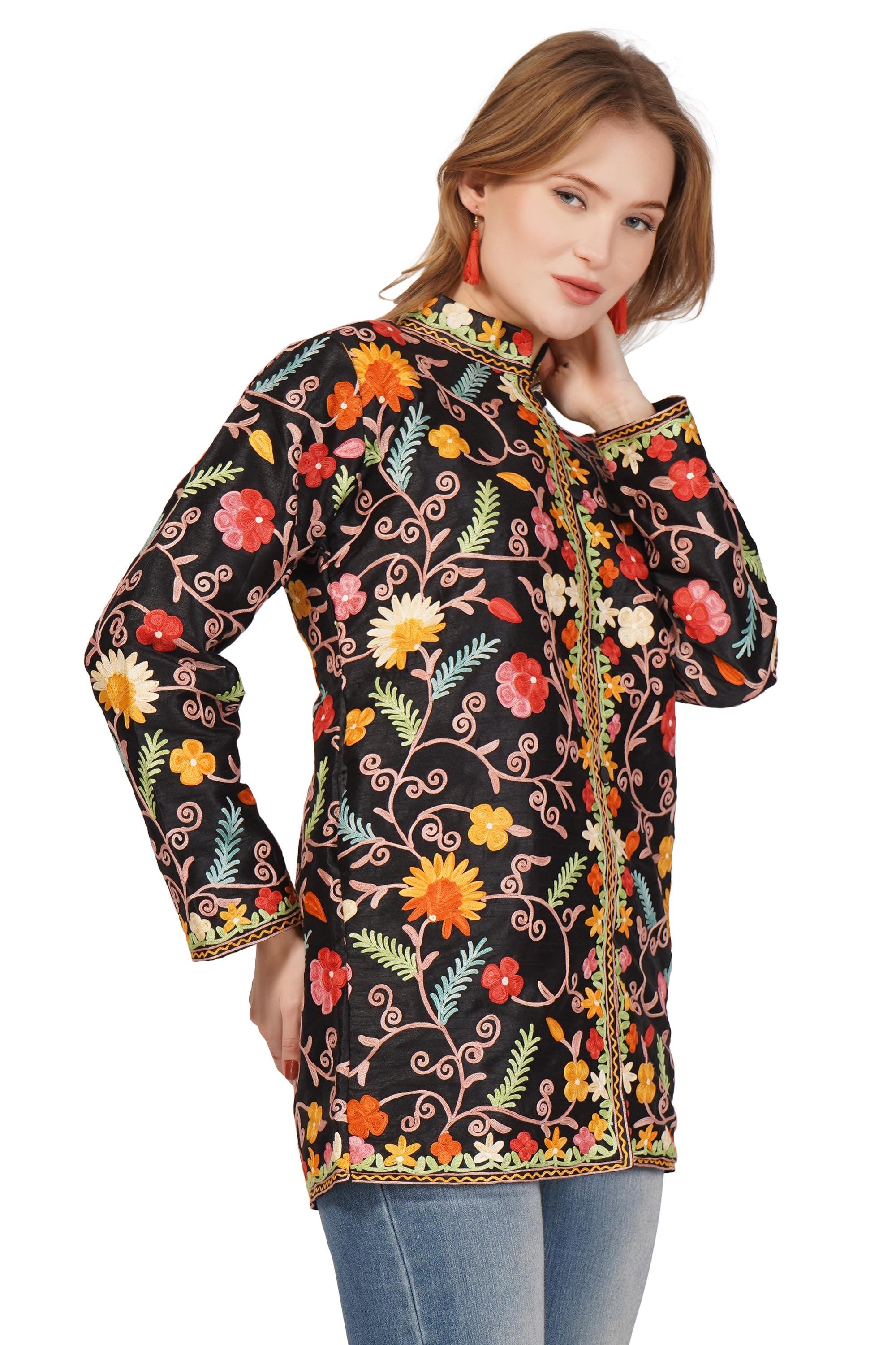 Kashmiri Jacket With Aari Embroidery, Floral Jacket With Multicolour Embroidery, Boho Coat, Short Black Jacket