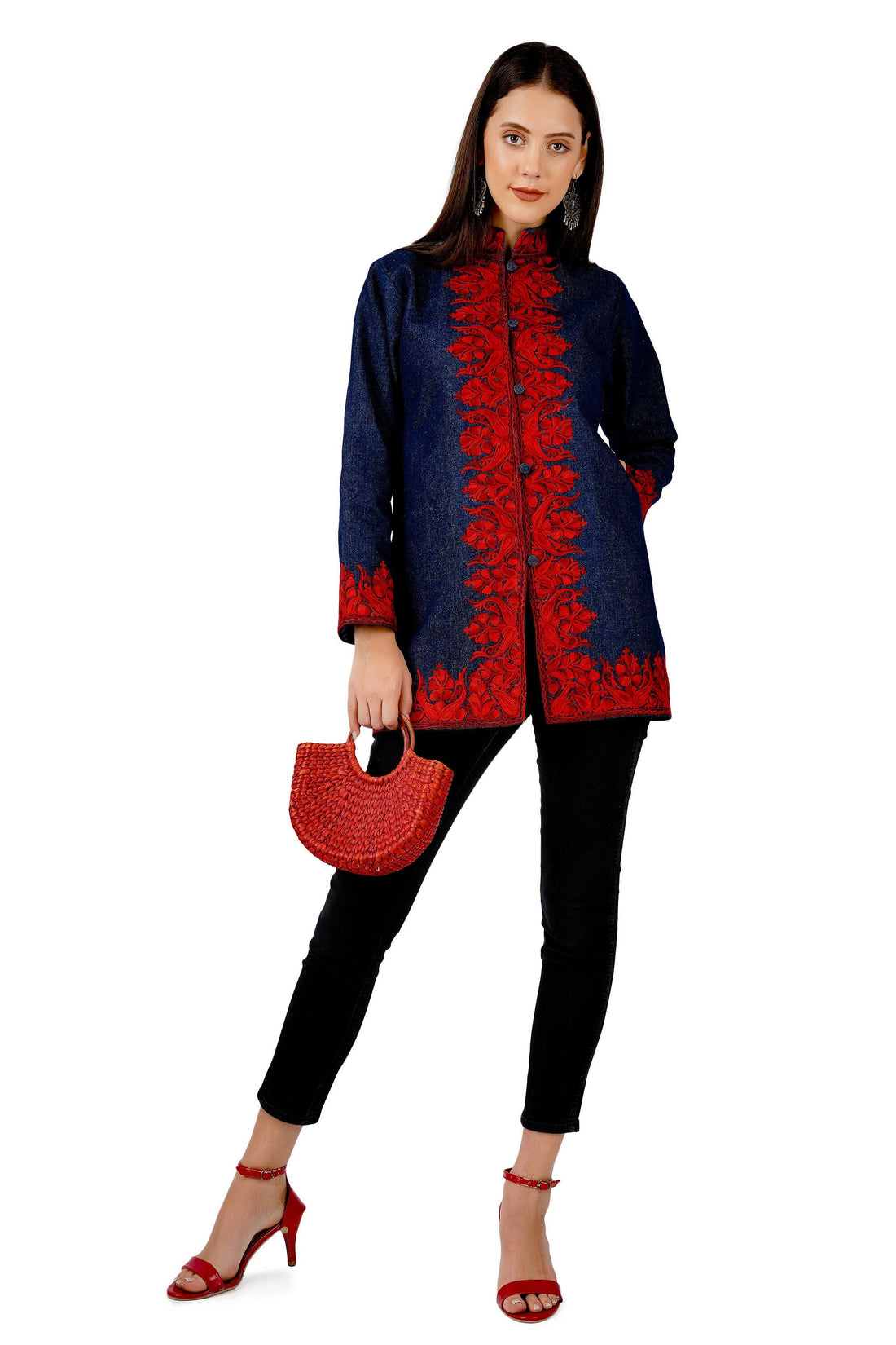 Kashmiri Aari Embroidered Denim Jacket, Short Embroidered Coat, Stylish Fusion of Culture and Trend, Jeans Jacket