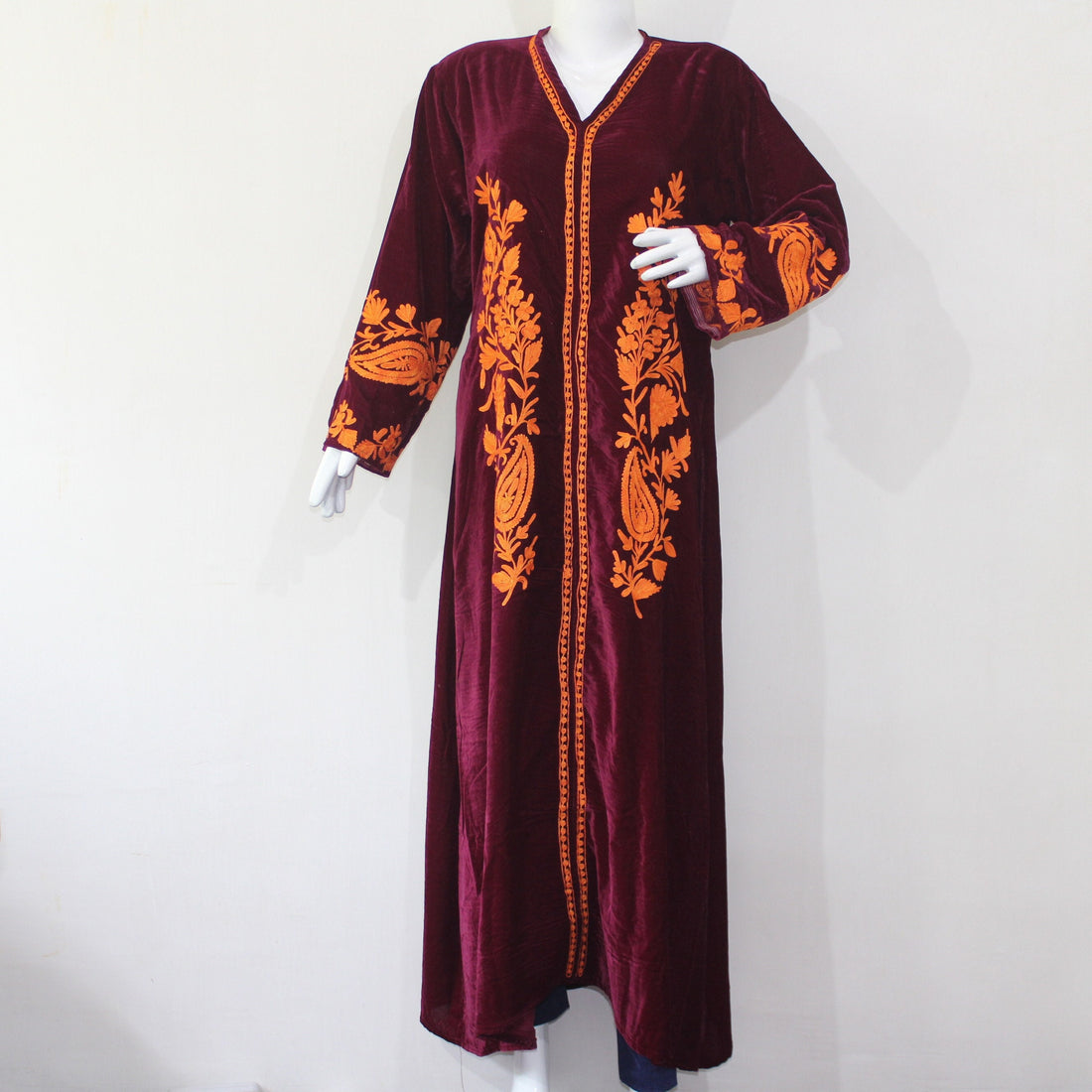 Kashmiri Aari Embroidered Velvet Gown, Long Sleeves, Floral Embroidery, Dress for women