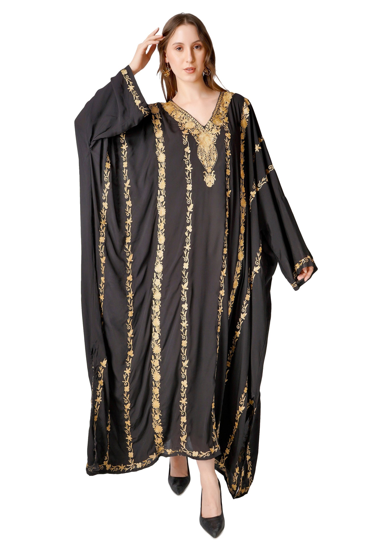 Kashmiri Zari Embroidered Crepe Silk Kaftan, Moroccan Caftan with Gold Embroidery, Long Length Kashmiri Tilla Embroidered Kaftan