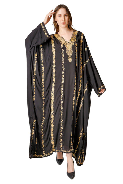 Kashmiri Zari Embroidered Crepe Silk Kaftan, Moroccan Caftan with Gold Embroidery, Long Length Kashmiri Tilla Embroidered Kaftan