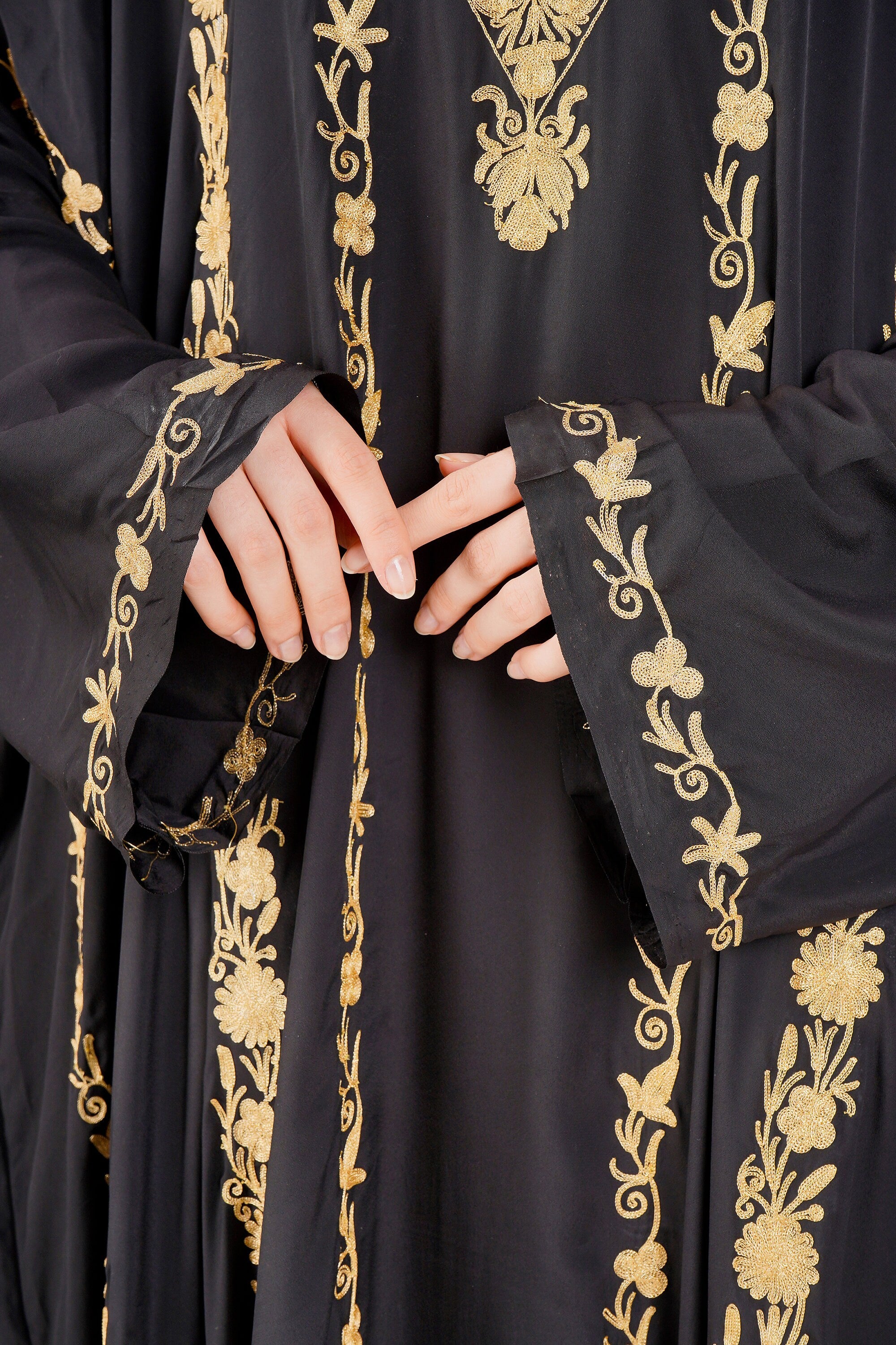 Kashmiri Zari Embroidered Crepe Silk Kaftan, Moroccan Caftan with Gold Embroidery, Long Length Kashmiri Tilla Embroidered Kaftan