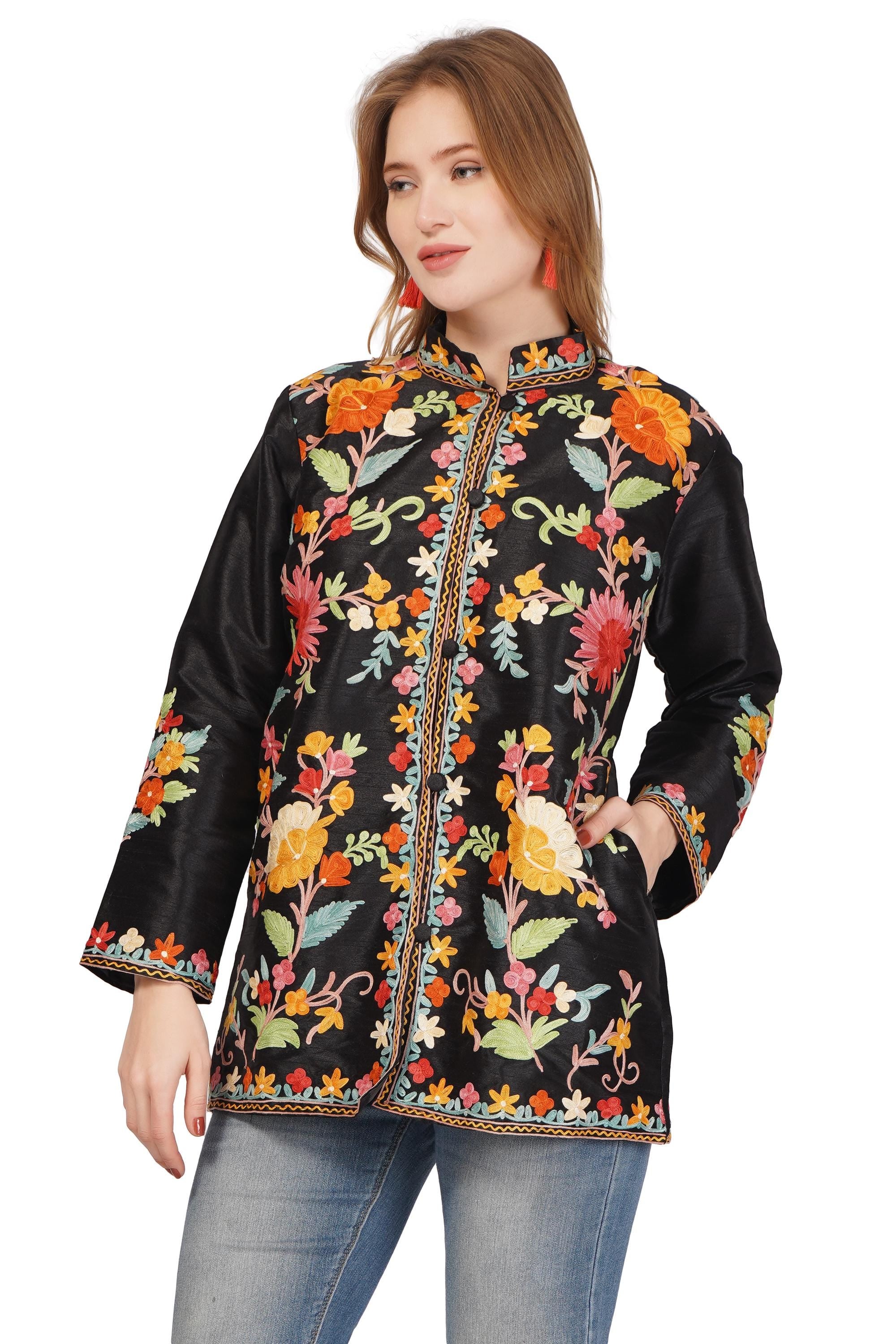 Kashmiri Jacket With Aari Embroidery, Floral Jacket With Multicolour Embroidery, Boho Coat, Short Black Jacket