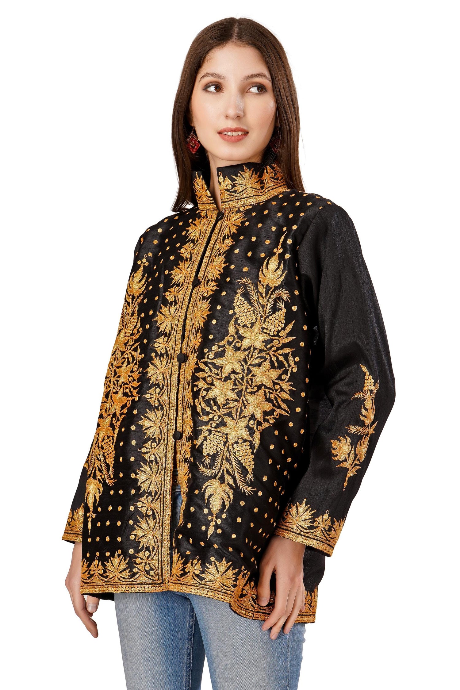 Kashmiri Jacket, Embroidered Silk Jacket, Short Length Coat