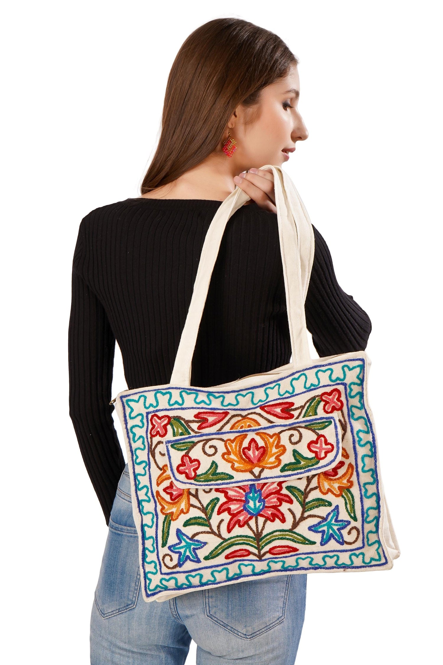Kashmiri Hand Embroidered Pure Cotton Tote Handbag For Women, Boho Ethnic Shoulder Bag Floral Aari Embroidered Bag, Hobo Crossbody Purse