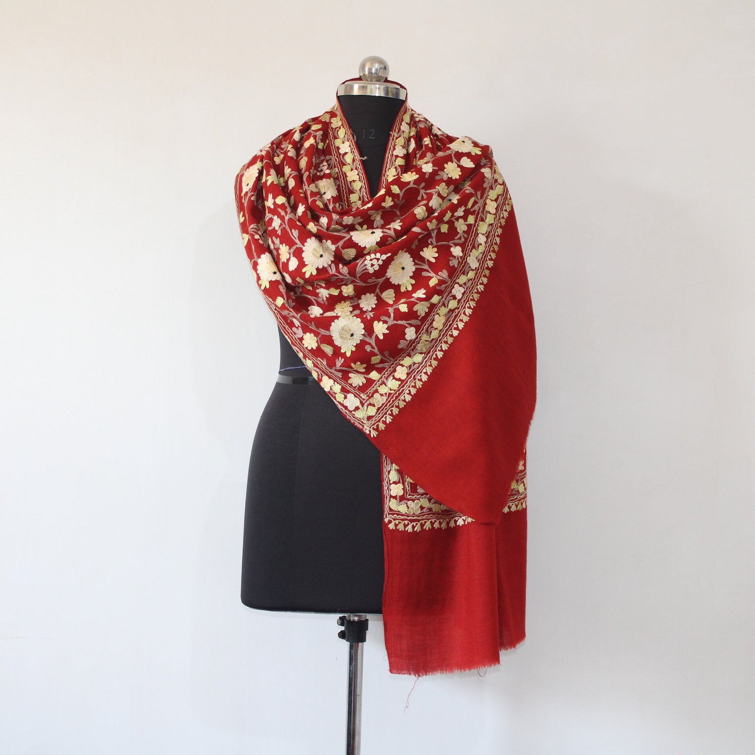 Kashmiri Stole, Fine Merino Wool Aari Embroidered Kashmiri Stole, Handmade Stole, Woolen Scarf, Embroidered Wraps, Maroon Scarf,