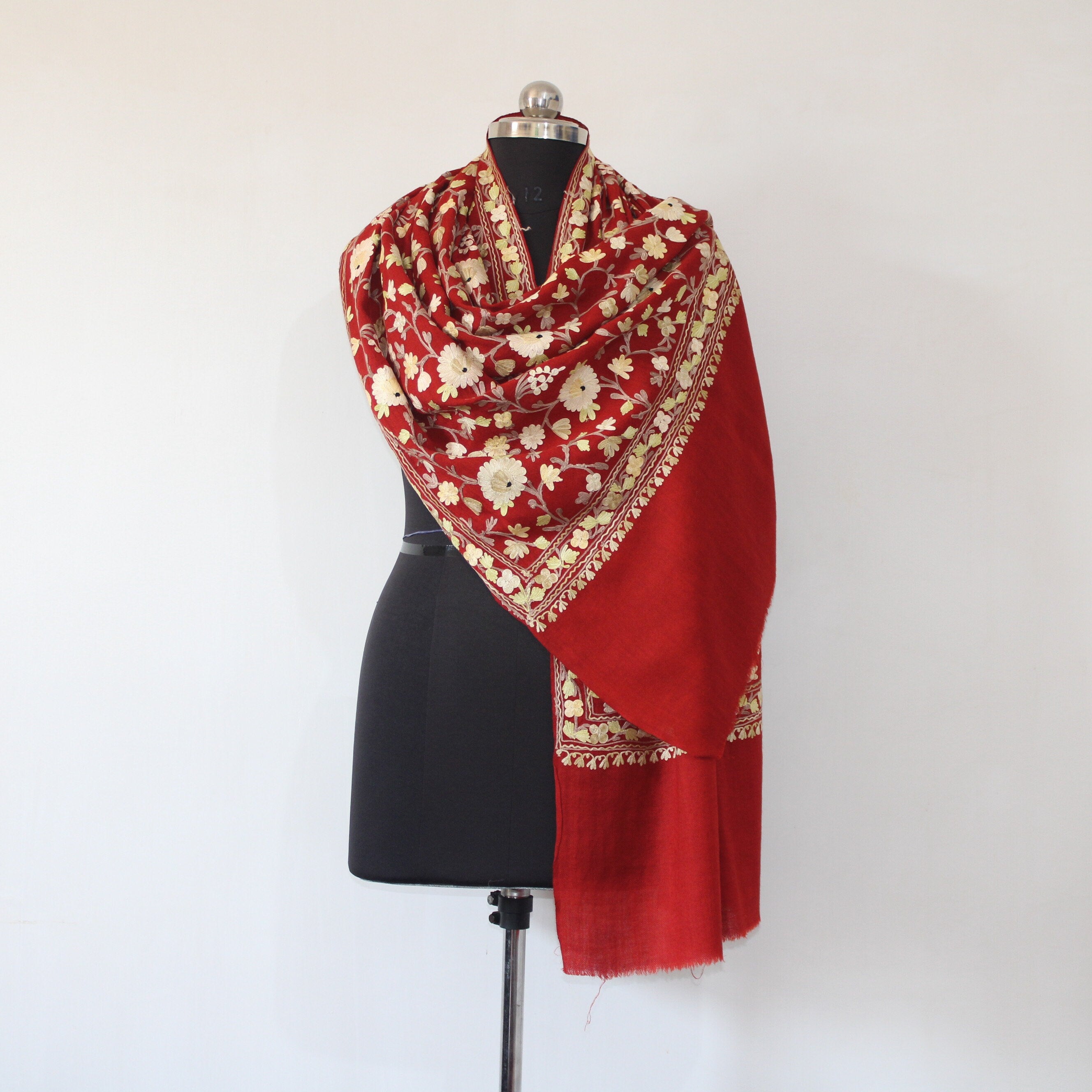 Kashmiri Stole, Fine Merino Wool Aari Embroidered Kashmiri Stole, Handmade Stole, Woolen Scarf, Embroidered Wraps, Maroon Scarf,