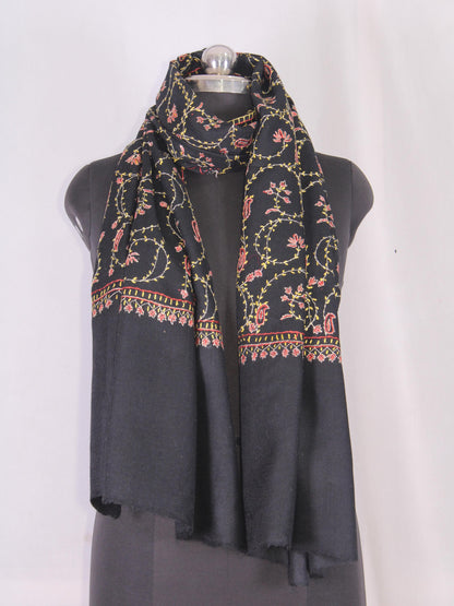 Woolen sozni Embroidered Kashmiri Stole, Handmade Stole, Fine Merino Wool Stole, Premium Scarf, Embroidered Wraps, Black Scarf
