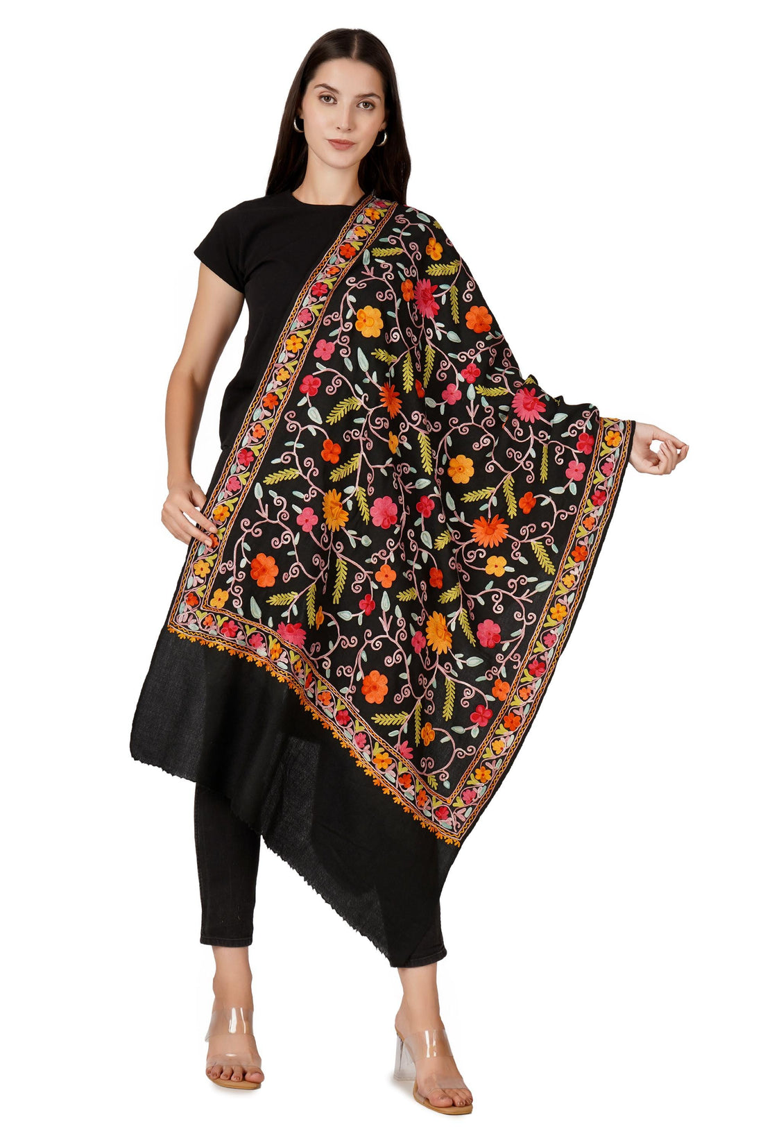 Kashmiri Woollen Scarf with Aari Embroidery For Women, Floral Kashmiri Scarf, Indian Wrap, Shawl for women, Cashmere Wrap, Gift Shawl