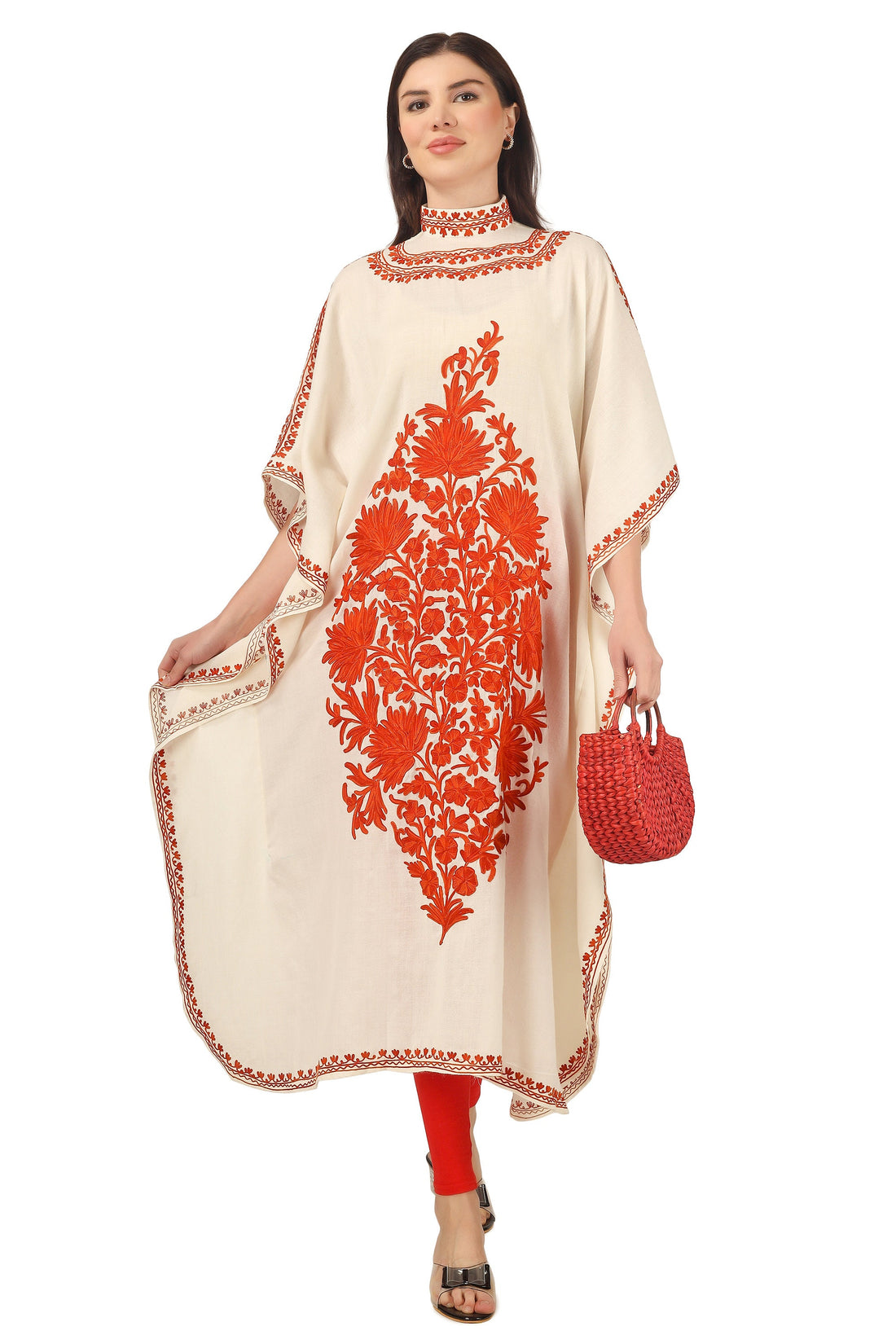 Pashmina Kaftan, Cashmere Aari Embroidered Kaftan, Kashmiri Kaftan, Women Caftan, White Kaftan,