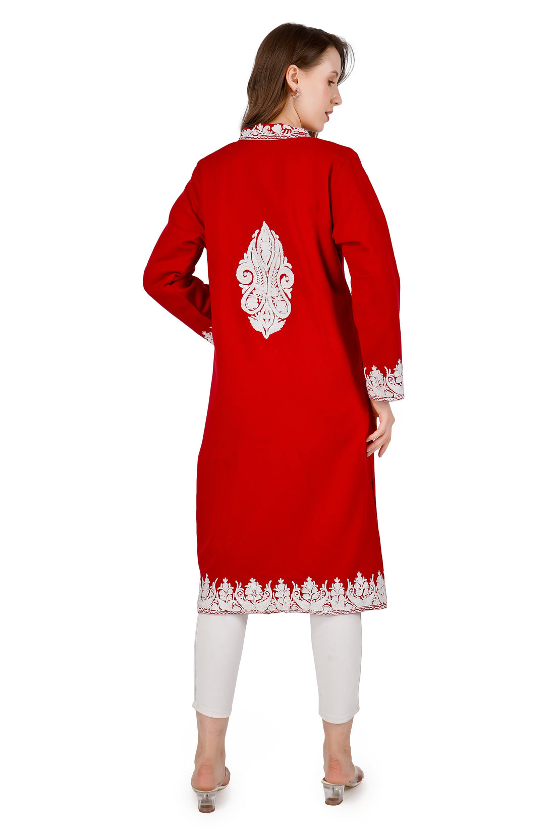 Kashmiri Aari Embroidered Long woollen Jacket, Winter Coat For Women, Paisley Indian Jacket