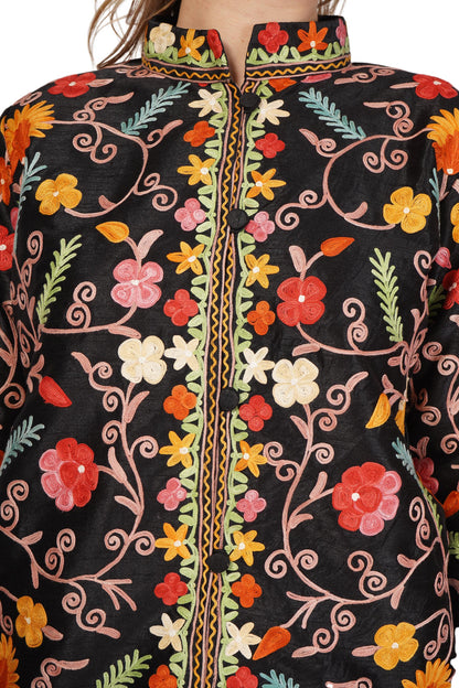 Kashmiri Jacket With Aari Embroidery, Floral Jacket With Multicolour Embroidery, Boho Coat, Short Black Jacket