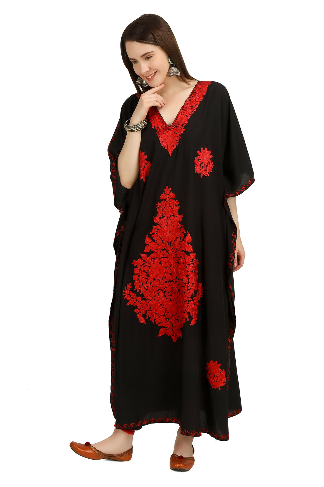 Kashmiri Aari Embroidered Cotton Kaftan for Women, Handmade Kaftan Dress for Girls, Cotton Maxi Dress for Summers