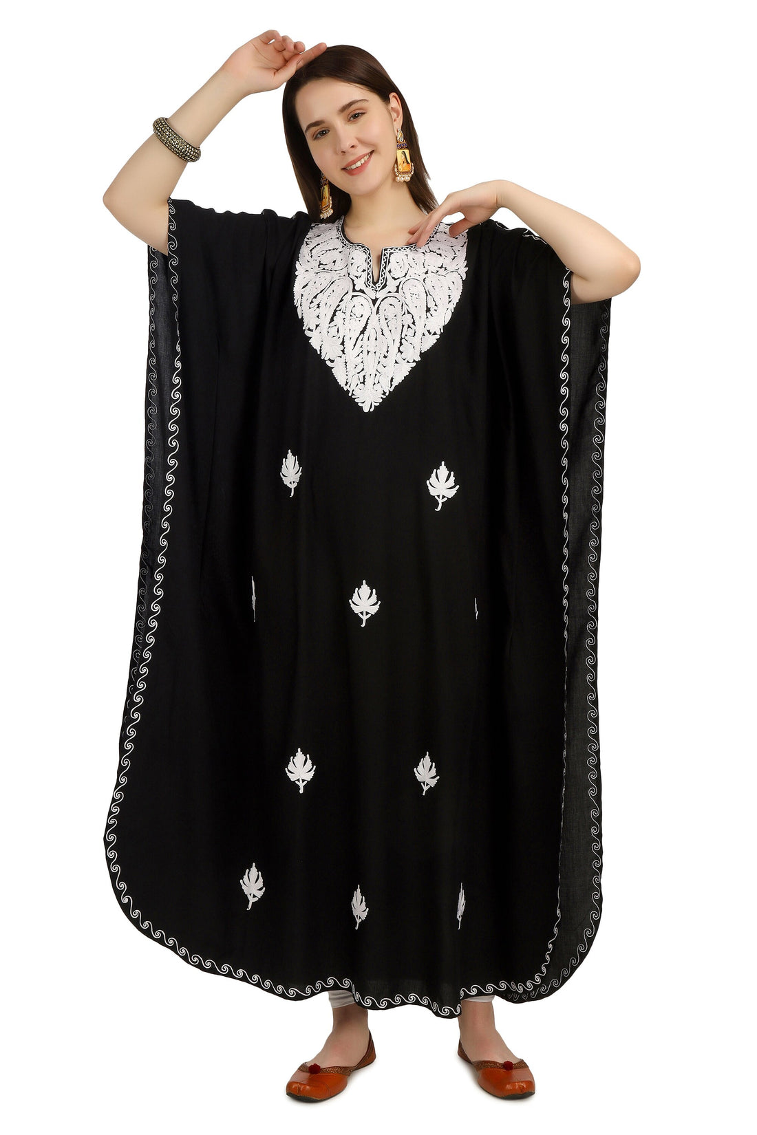 Kashmiri Aari Embroidered Cotton Kaftan for Women, Handmade Kaftan Dress for Girls, Cotton Maxi Dress for Summers
