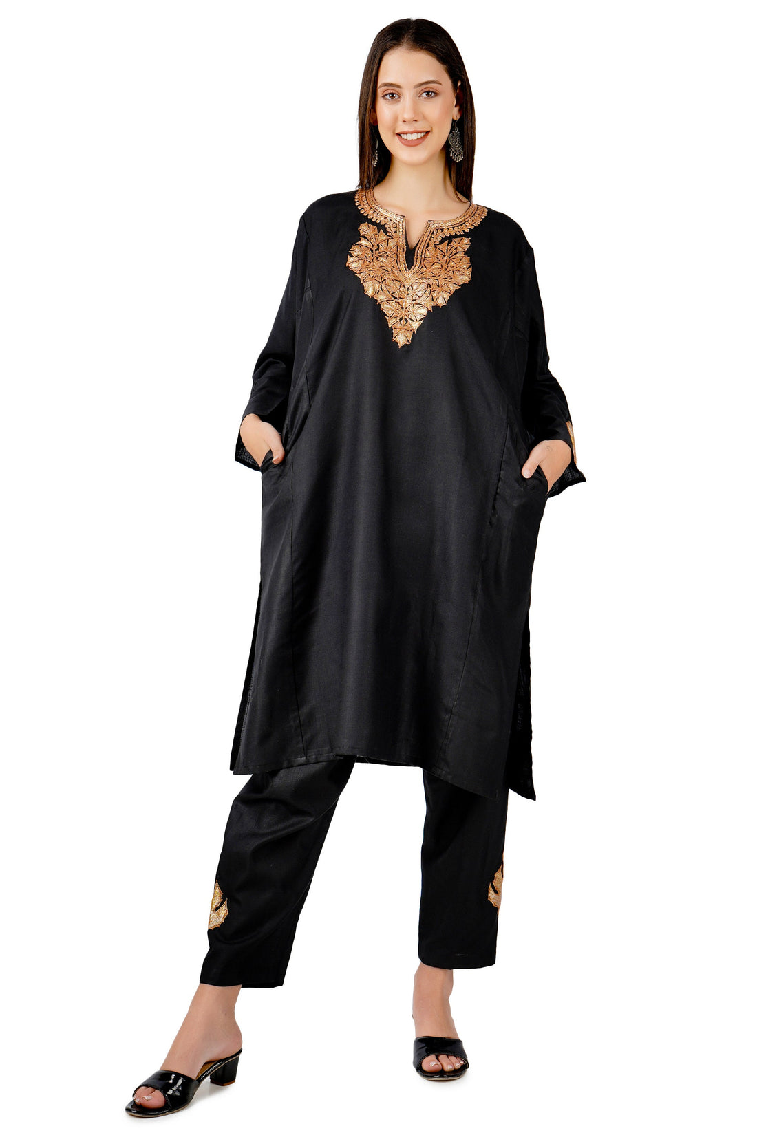 Kashmiri Tilla Embroidered Kurti with Bottom Pant, Cotton Kurti with Pant Set, Kashmiri Tilla Embroidered Kurti Pant Co-ord Set