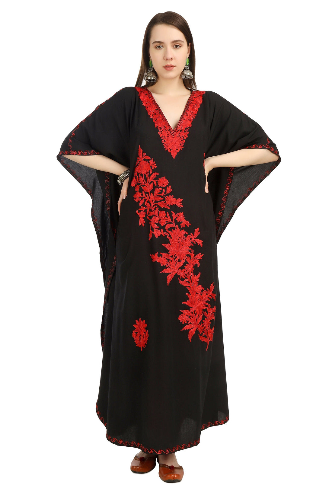 Kashmiri Aari Embroidered Cotton Kaftan for Women, Handmade Kaftan Dress for Girls, Cotton Maxi Dress for Summers