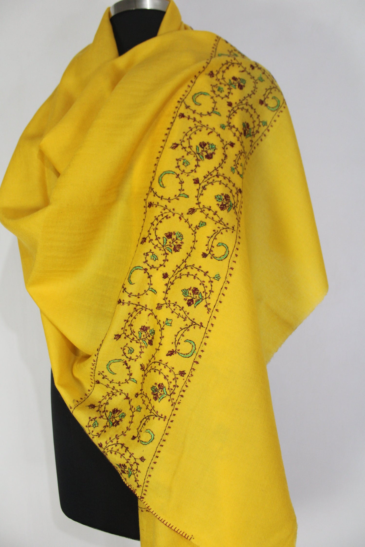 Kashmiri Sozni Embroidery Scarf, Pure Cashmere Wrap, Pashmina Scarf, Kashmiri Handmade Shawl/Wrap, Cashmere Scarf, Mustard Color,
