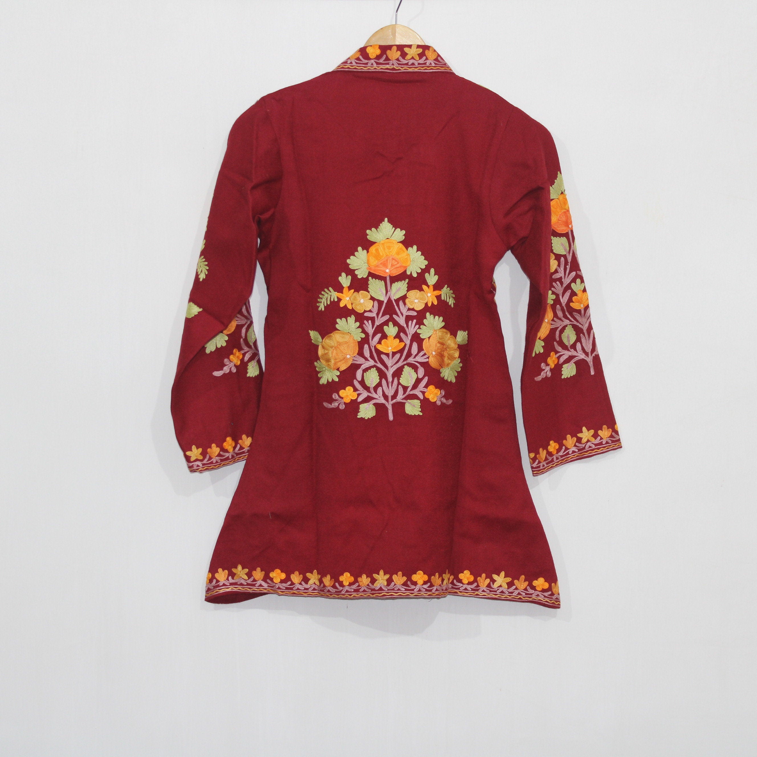 Kashmiri Wool Jacket, Chainstitch Embroidery, Multicolour Embroidered Short Coat, Winter Jacket For women
