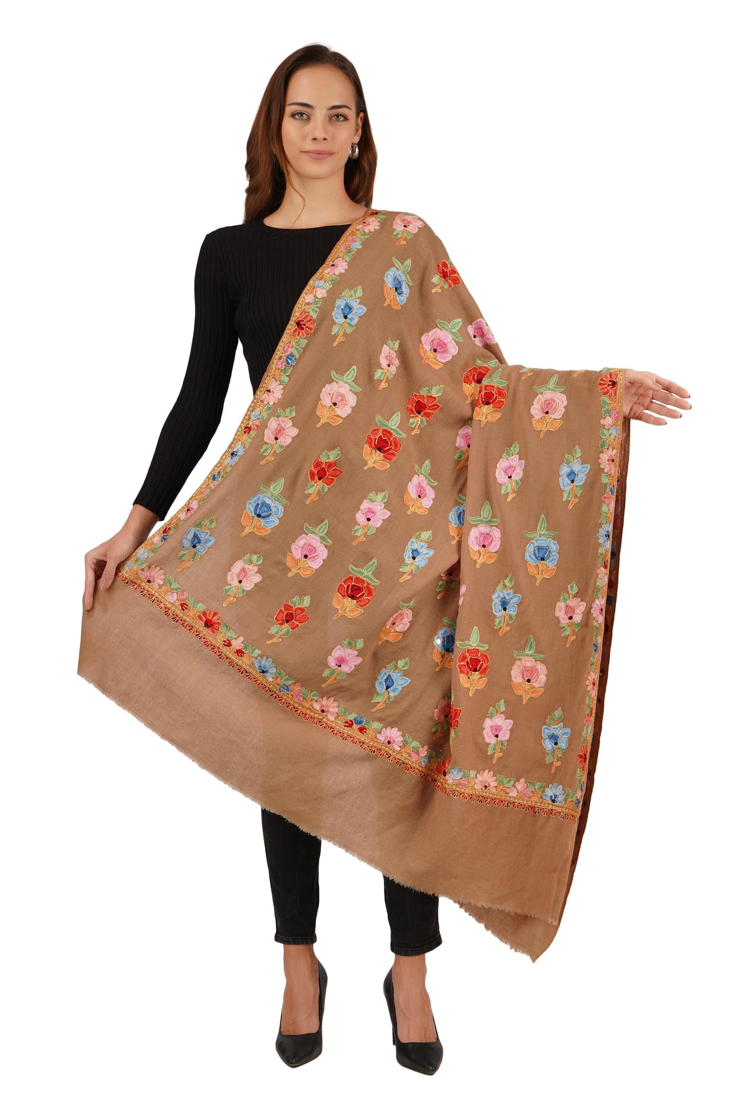 Kashmiri Embroidered Shawl, Shawl For Women,  Kashmiri Aari Thread Embroidery Fused With Tilla/Zari Embroidery, Pure Merino Wool Shawl,
