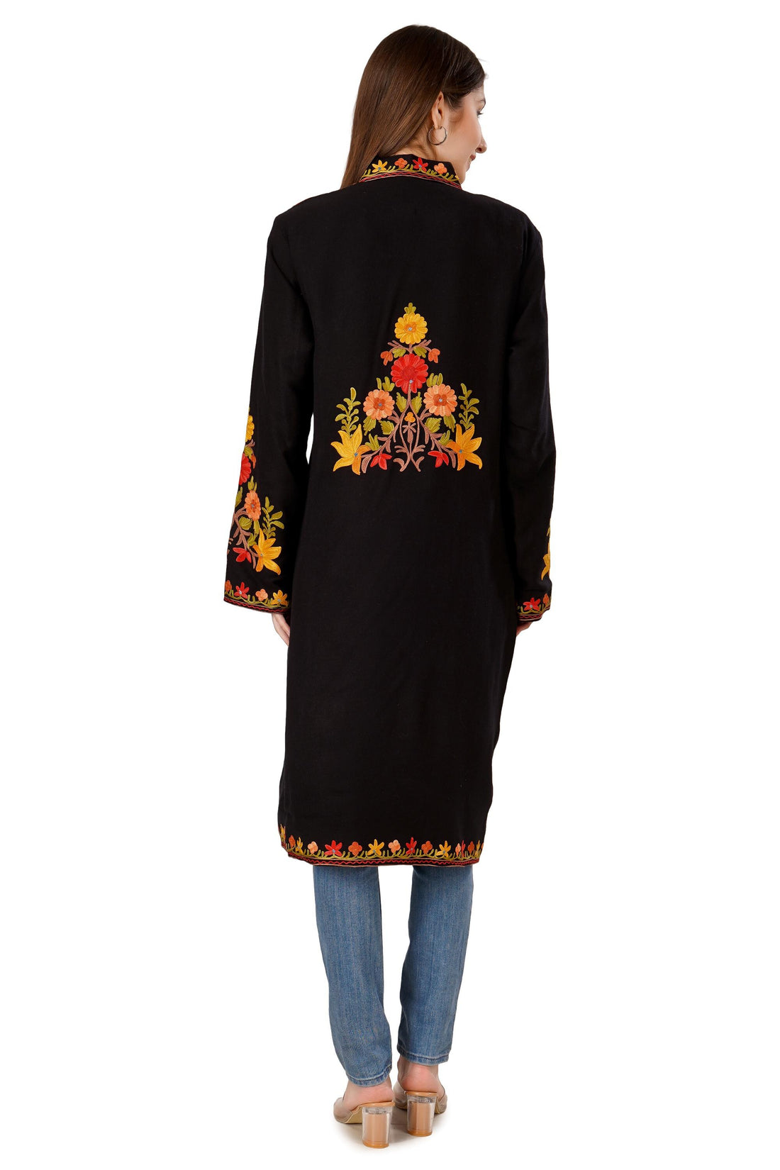Kashmiri Aari Embroidered Long woollen Jacket, Winter Coat For Women, Floral Indian Jacket, Warm Cashmere Jacket