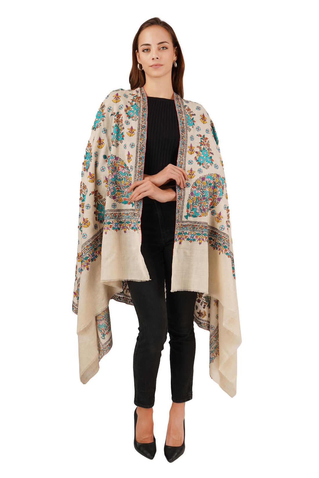 Pure Pashmina sozni handwork Embroidery Shawl, Handmade Undyed Natural White, Paper Mache Embroidery, Sozni Hand Embroidery