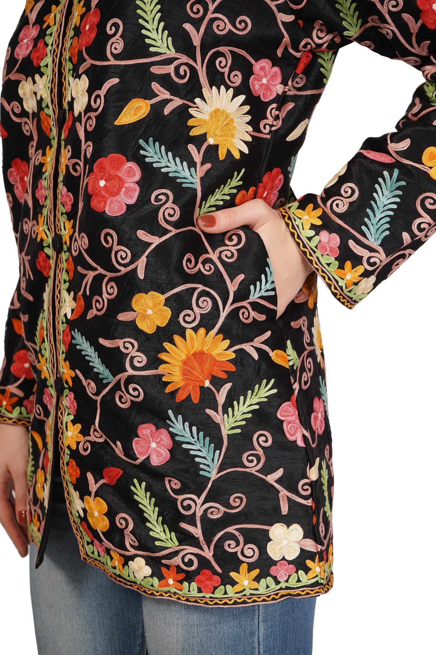 Kashmiri Jacket With Aari Embroidery, Floral Jacket With Multicolour Embroidery, Boho Coat, Short Black Jacket