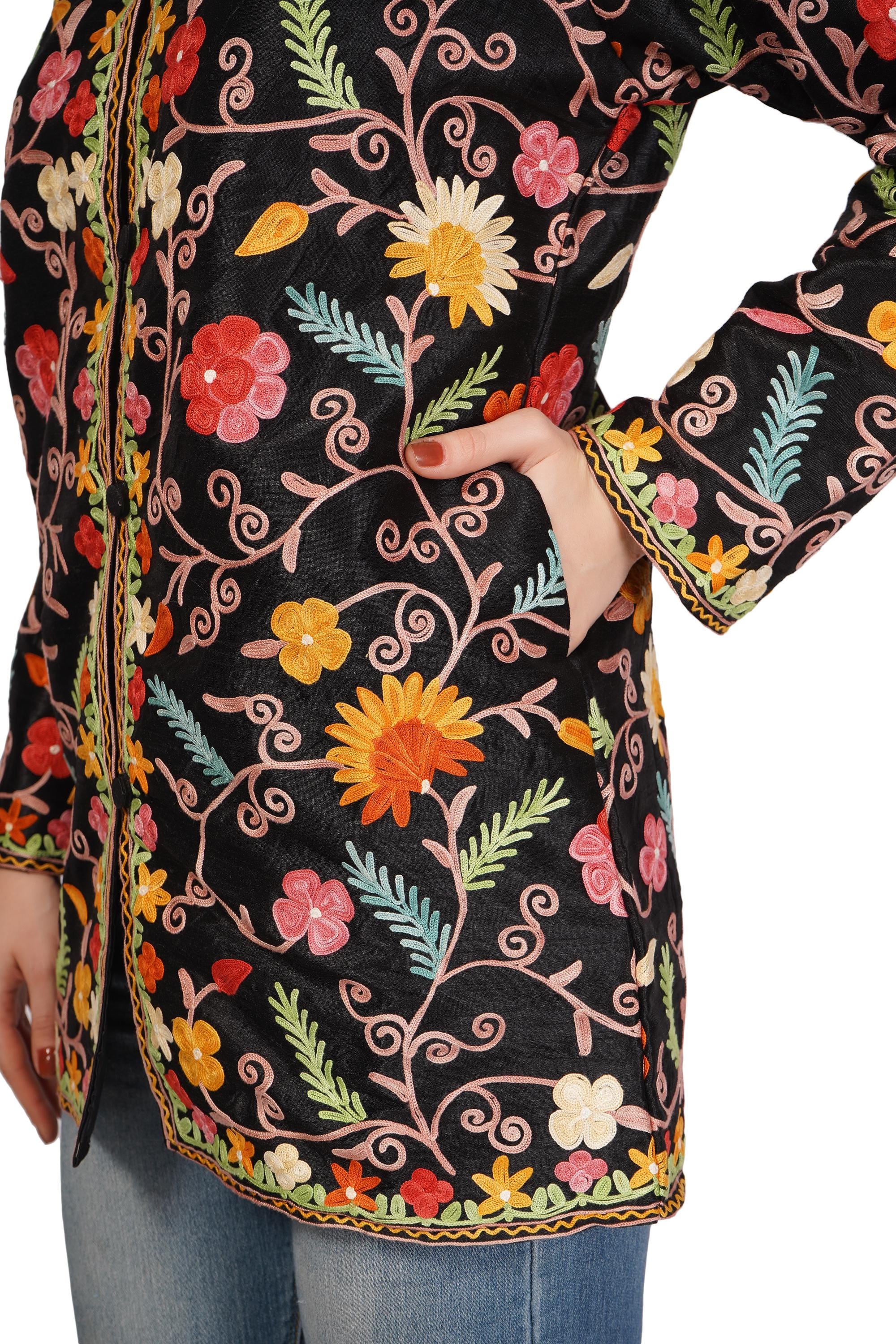 Kashmiri Jacket With Aari Embroidery, Floral Jacket With Multicolour Embroidery, Boho Coat, Short Black Jacket