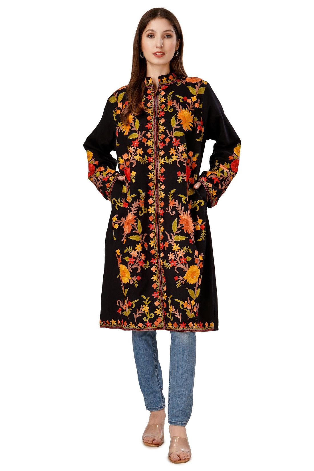 Kashmiri Aari Embroidered Long woollen Jacket, Winter Coat For Women, Floral Indian Jacket, Warm Cashmere Jacket